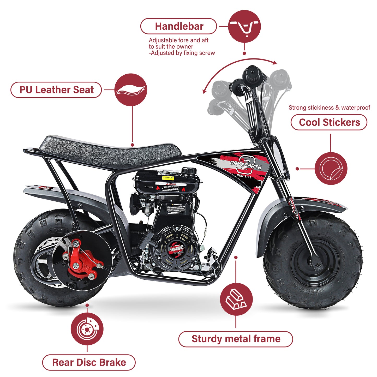Minimoto todoterreno para niños de 105 cc: 4 tiempos, transmisión automática, arranque manual, acabado rojo cepillado, a partir de 13 años.