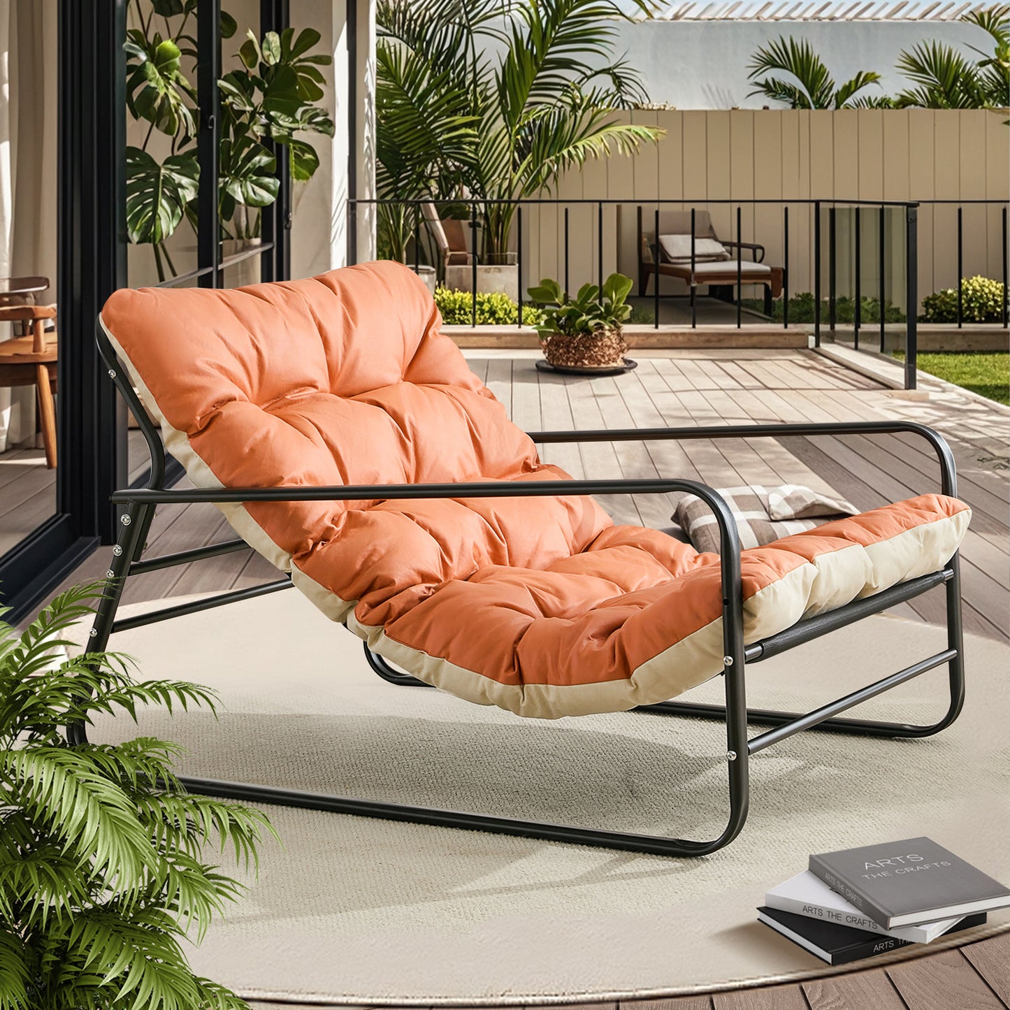 Fauteuil Salon Chaise Longue de Jardin avec Coussin Réversible Chaise rembourrée en Acier Chaise Longue de Loisirs Orange