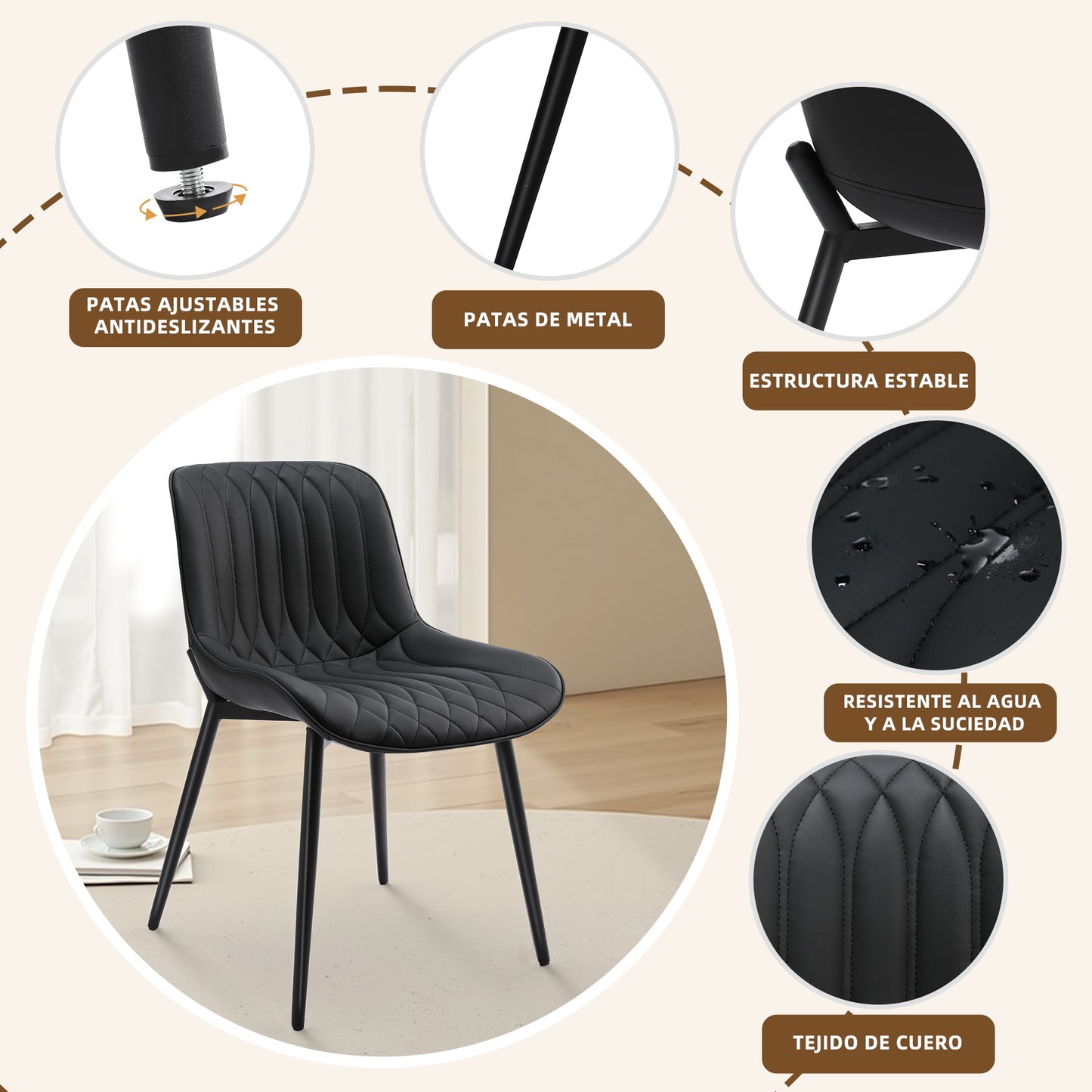 Conjunto de 2 Sillas de Comedor HOMEMiYN en Cuero Negro Elegante - Confort Premium y Resistencia Garantizada