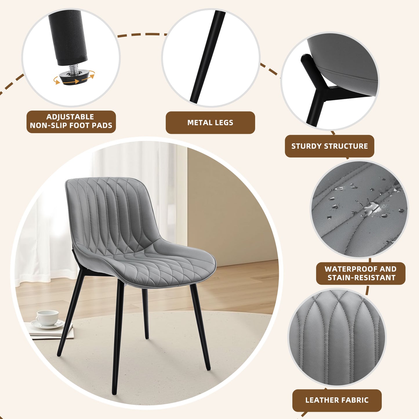 Lot van 2 HOMEMiYN Eetkamerstoelen in Grijs Simili Leer – Krasbestendig, Premium Comfort en Duurzame Stevigheid
