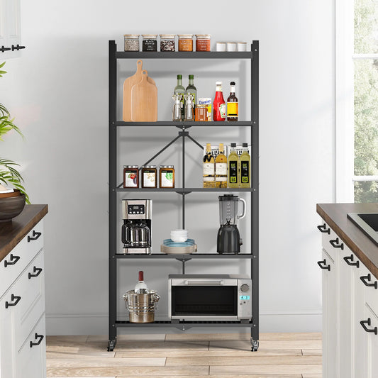 Étagère Pliable 5 Niveaux HomeMiYN - Rangement Mobile avec Roulettes 360° - 71x34x159 cm - Noir (Capacité 250kg)