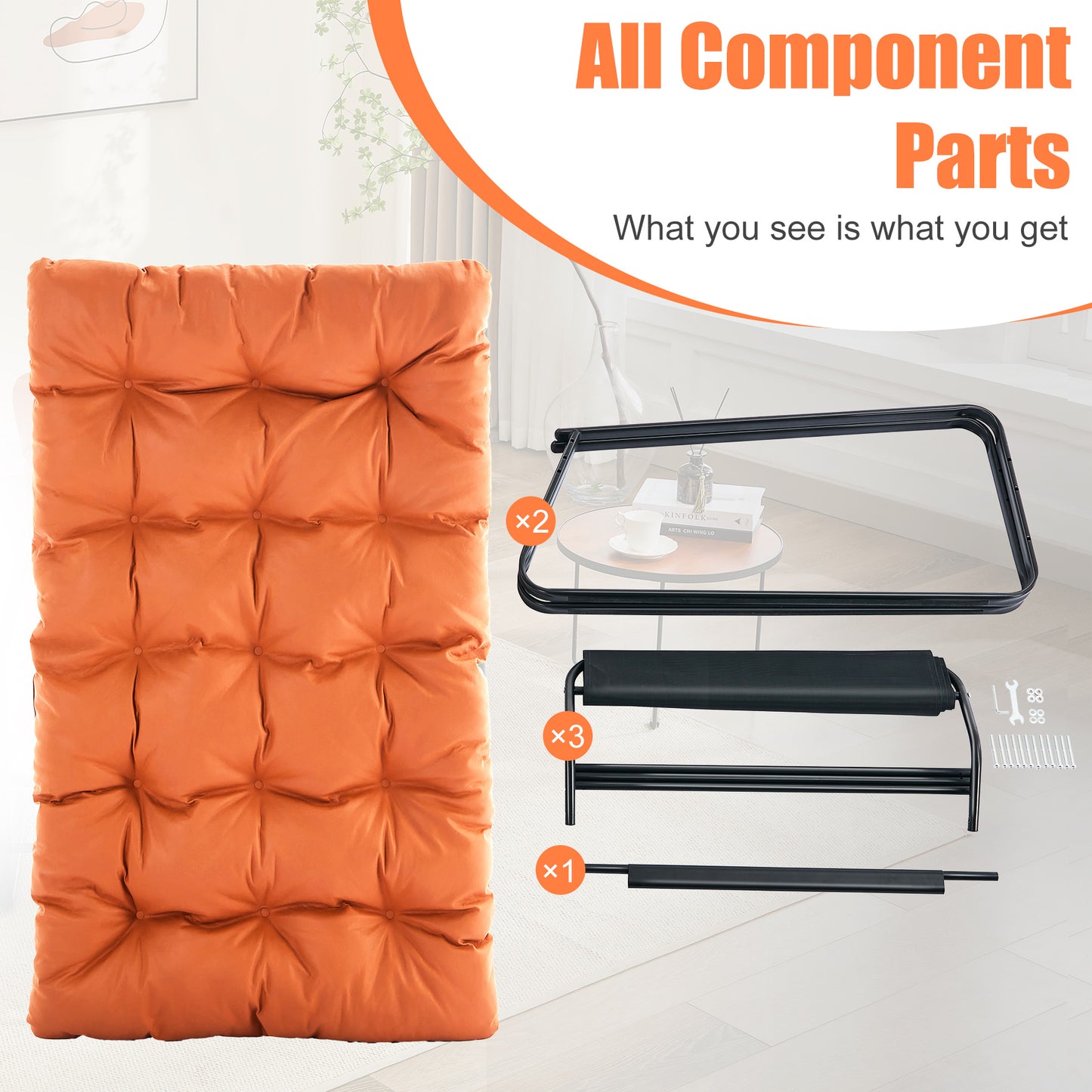 Reclining Patio Lounge Chair - 2-Person Steel Outdoor Loveseat with Reversible Cushion (Orange/Beige) - Garden, Balcony, Terrace Furniture