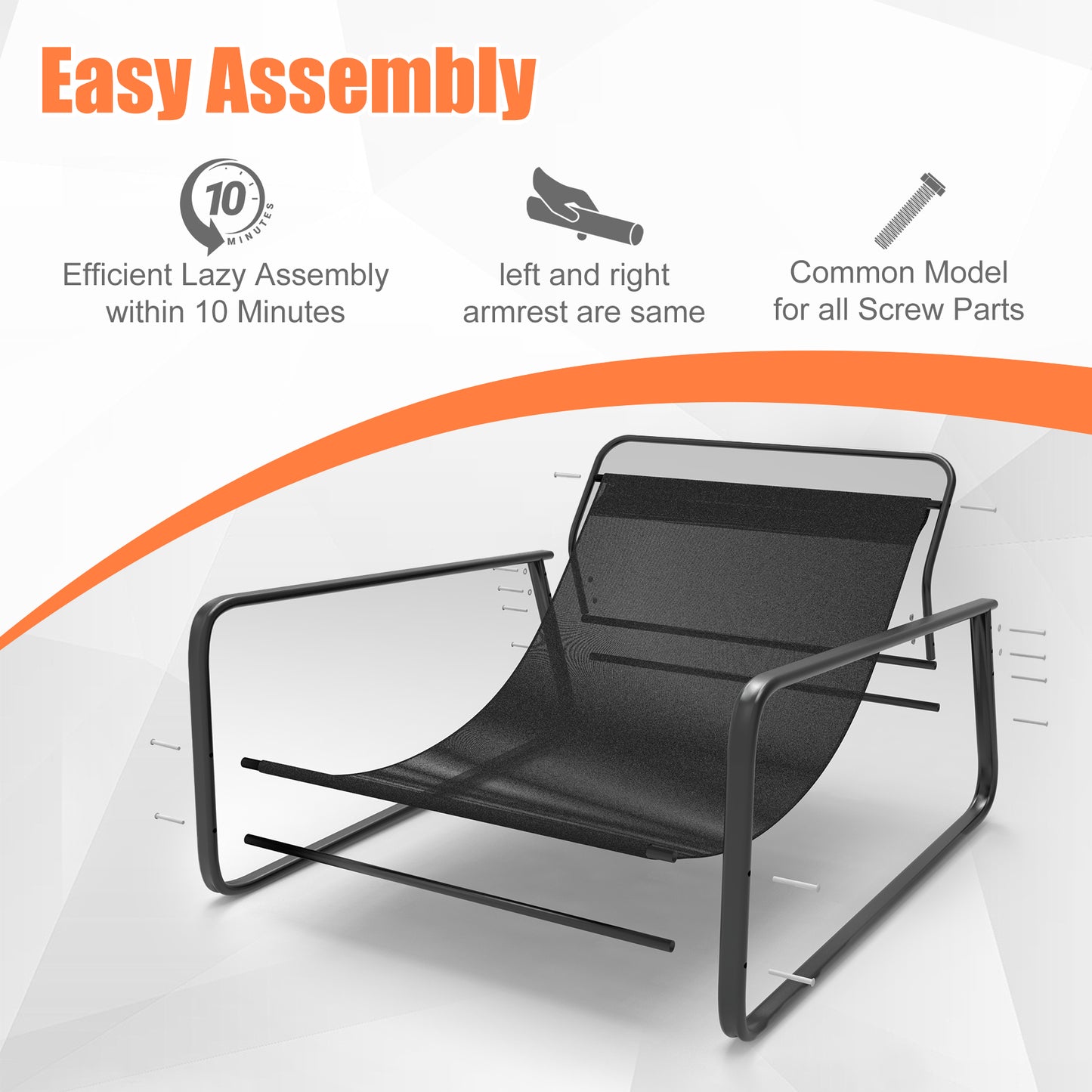 Reclining Patio Lounge Chair - 2-Person Steel Outdoor Loveseat with Reversible Cushion (Orange/Beige) - Garden, Balcony, Terrace Furniture