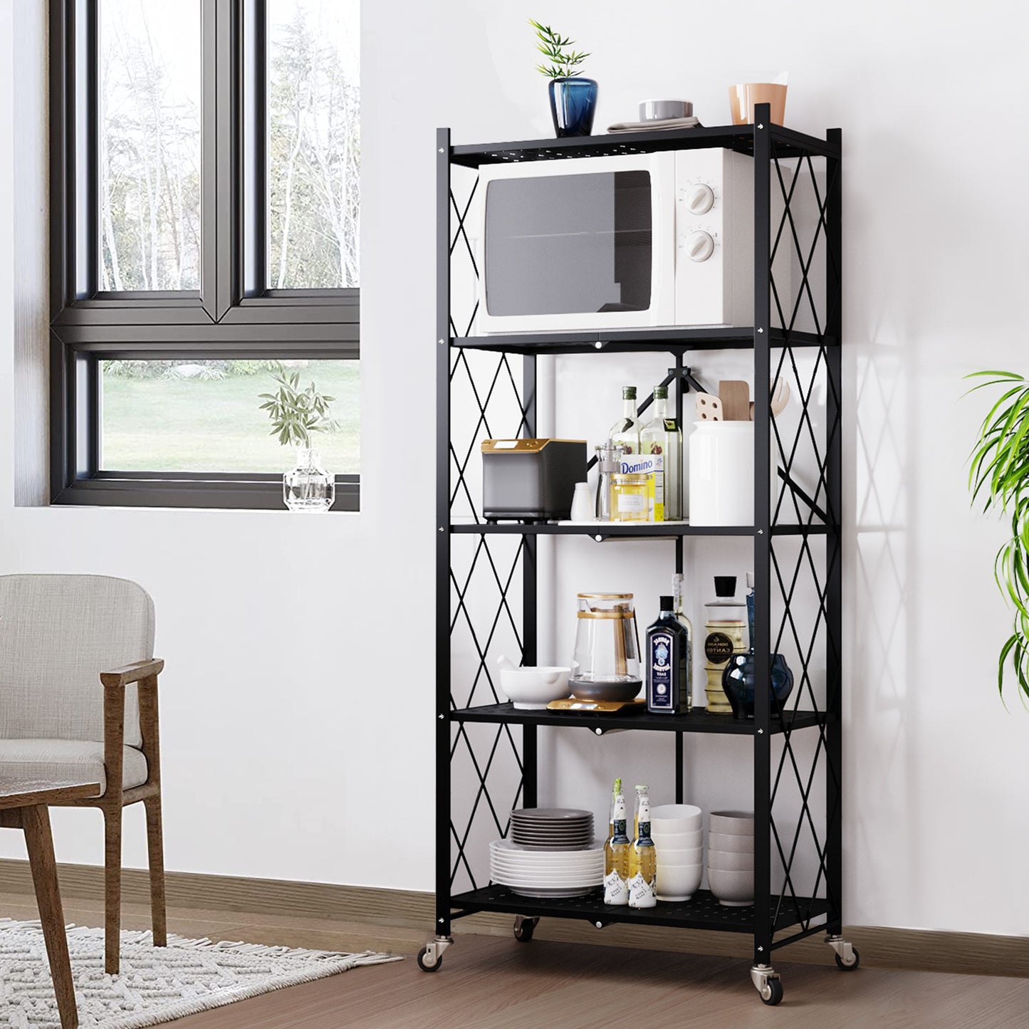 Estante organizador plegable HomeMiYN de 4-5 niveles: almacenamiento multiusos para el hogar, la cocina y el baño, color negro