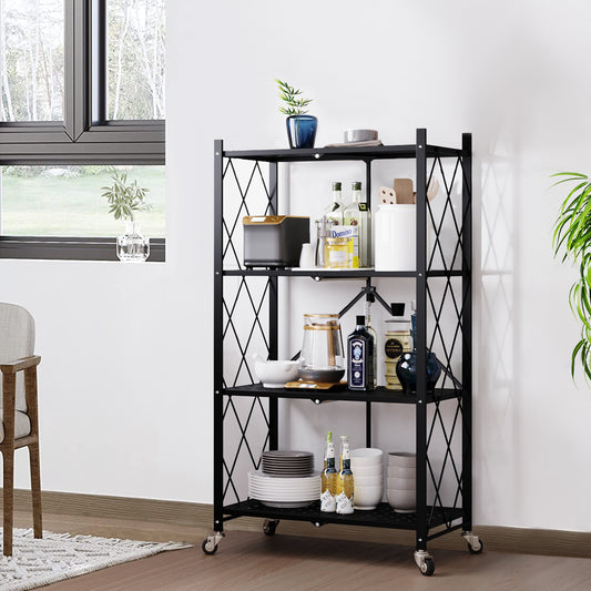 HomeMiYN Klappbares Lagerregal mit 3 bis 4 Ebenen, multifunktionales Lagerregal, Regal mit Rädern, 71 x 34 x 121, 40 cm, Schwarz