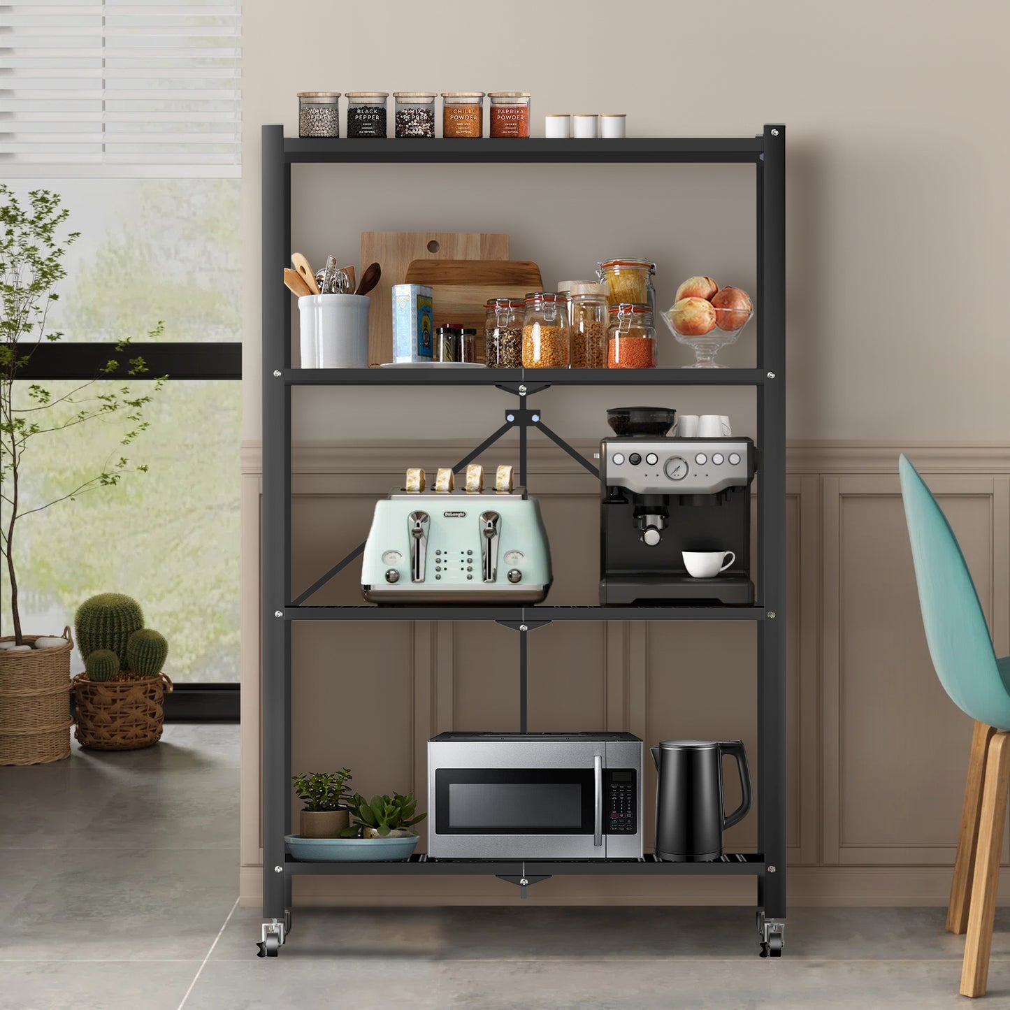 Étagère Pliable 4 Niveaux HomeMiYN - Rangement Mobile avec Roulettes 360° - 71x34x121 cm - Noir