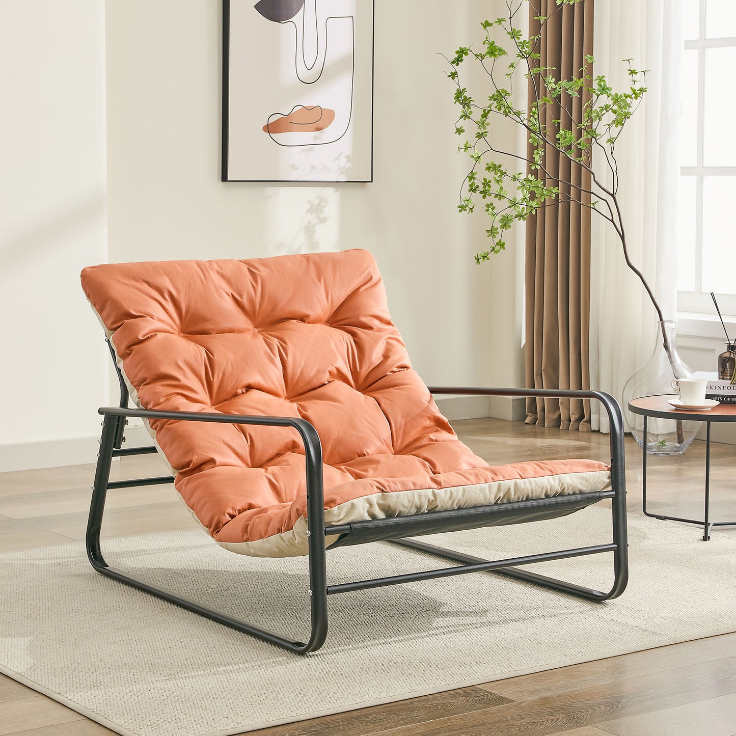 Canapé de salon, fauteuil relax, transat de jardin avec coussin réversible, chaise longue de balcon en acier, siège rembourré pour 2 personnes, fauteuil de jardin, transat d'extérieur, meuble de balcon, mobilier de terrasse (Orange+Beige)