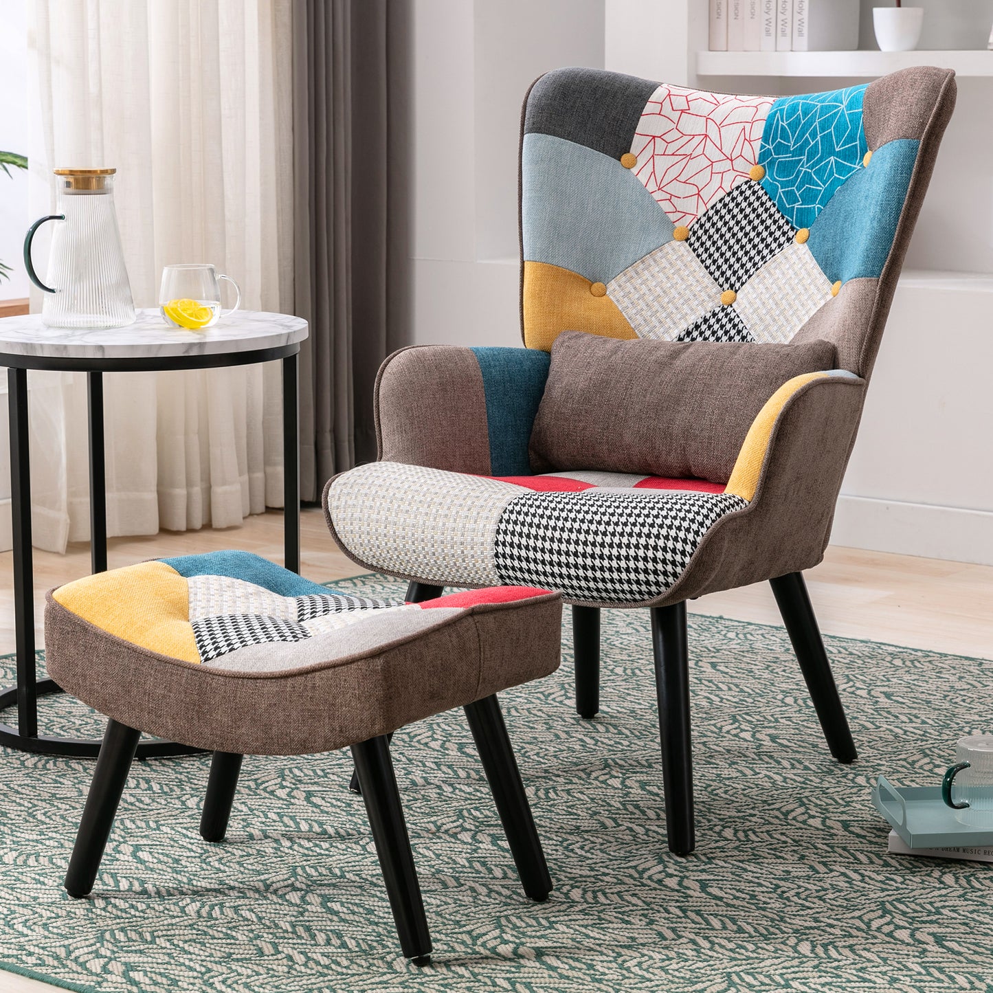Fauteuil à oreilles fauteuil de relaxation avec tabouret fauteuil patchwork fauteuil à oreilles fauteuil salon