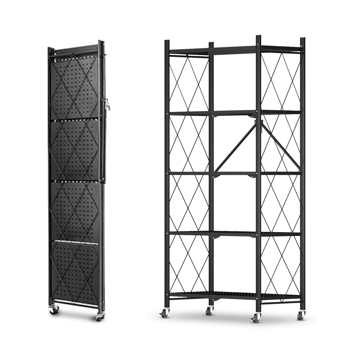 HomeMiYN Étagère de Rangement Pliable 3 à  4 Niveaux，Étagère de rangement multifonctionnel,Étagère à roulettes,71*34*159cm,Noir
