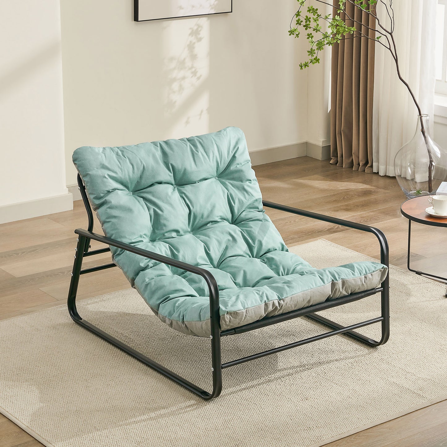 Lounge Armchair, Recliner Chair, Reversible Cushion Garden Sun Lounger, Steel Balcony Daybed, Padded 2-Seater Sofa Chair, Outdoor Garden Chair, Patio Sunbed, Balcony Furniture Set (Blue + Grey)