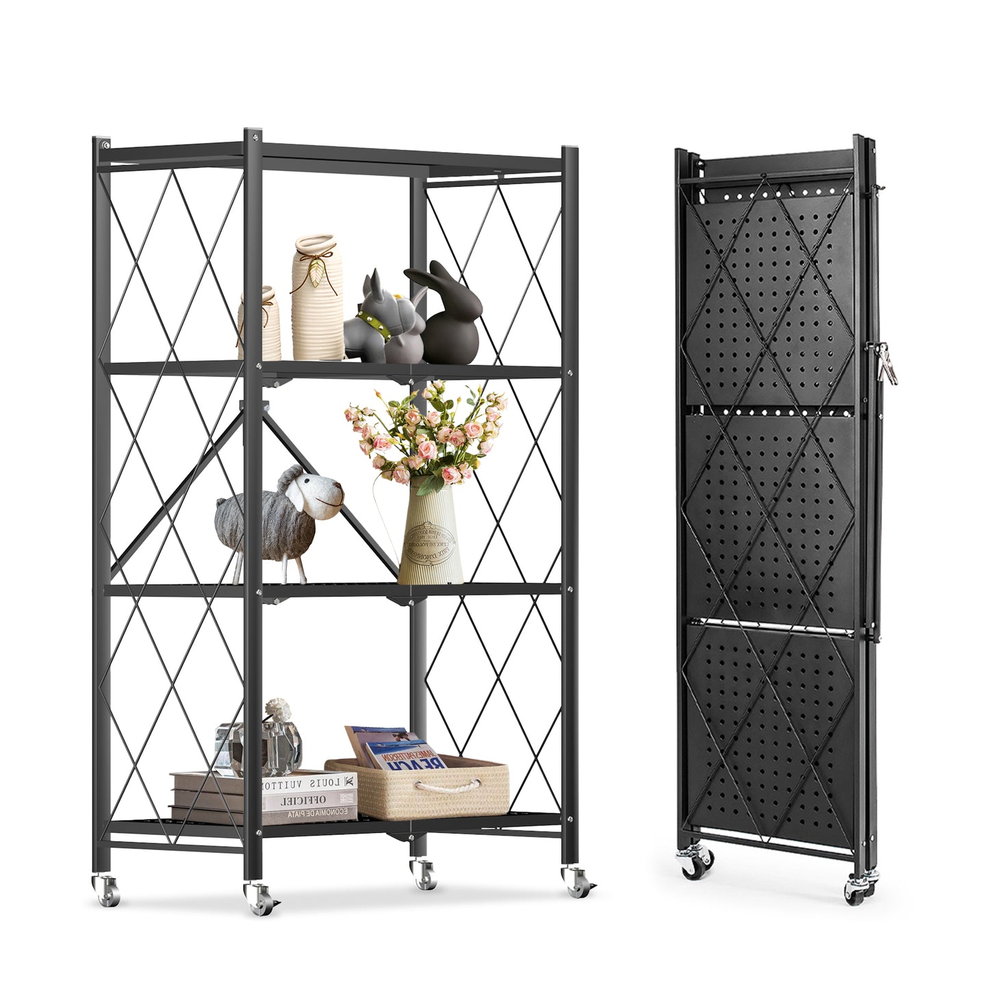 Étagère Pliable 4 Niveaux HomeMiYN - Rangement Mobile avec Roulettes 360° - 71x34x121 cm - Noir