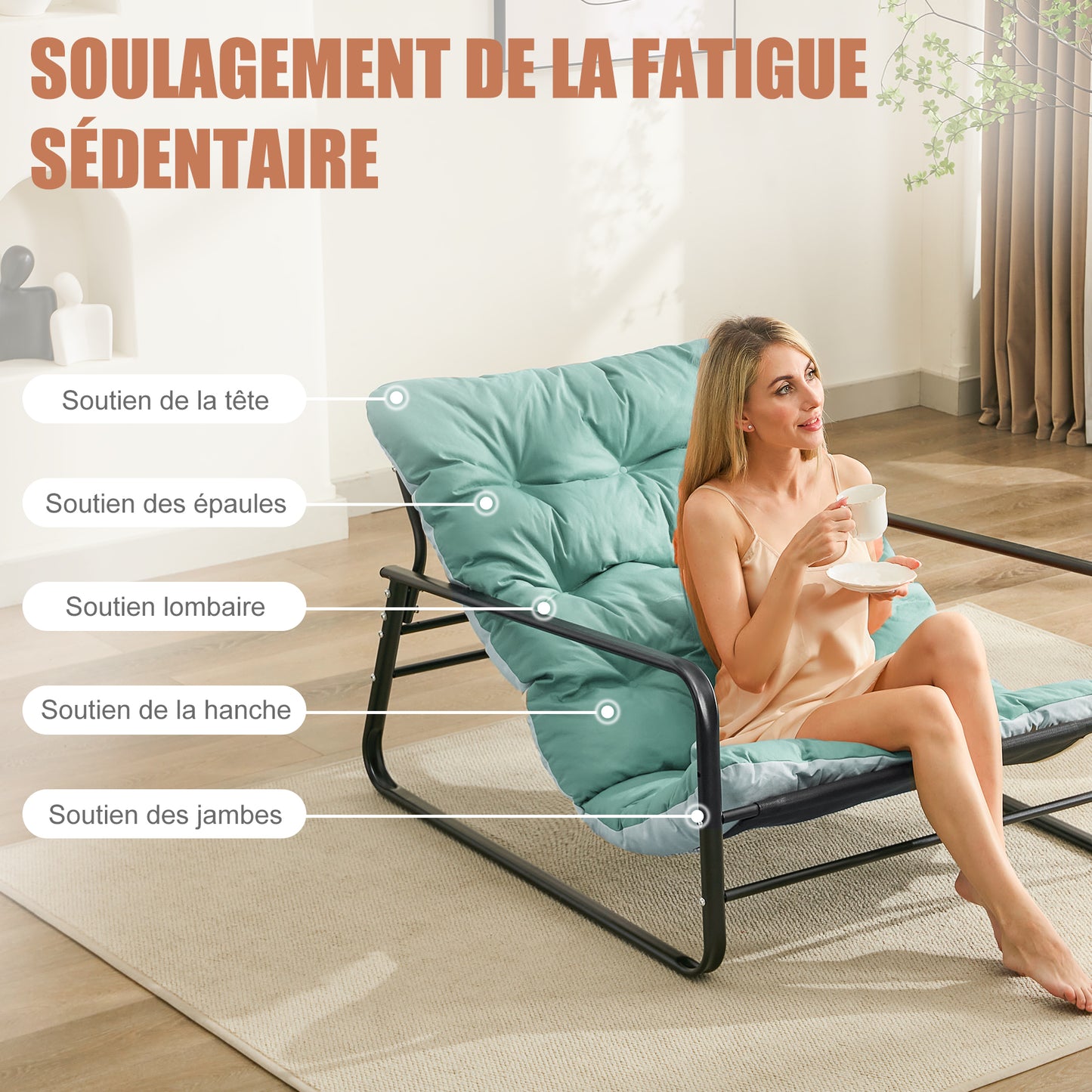 Fauteuil inclinable moderne à 2 places avec structure en acier et coussin réversible(Bleu+Gris)