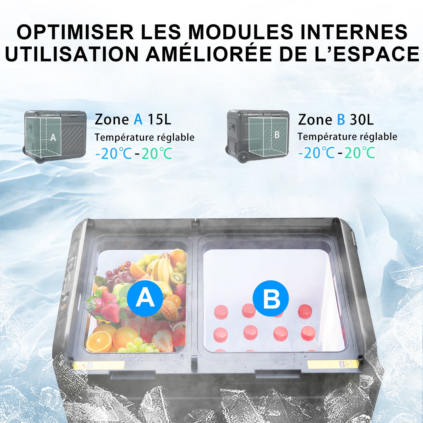 Réfrigérateur de voiture HOMEMiYN 12 V, réfrigérateur de voiture à double zone de 45 litres, congélateur portable (-8 ℉ ~ 68 ℉) avec 12/24 V DC 100/240 V AC, glacière électrique à contrôle APP pour voiture, camping-car, camping, voyage et usage domestique