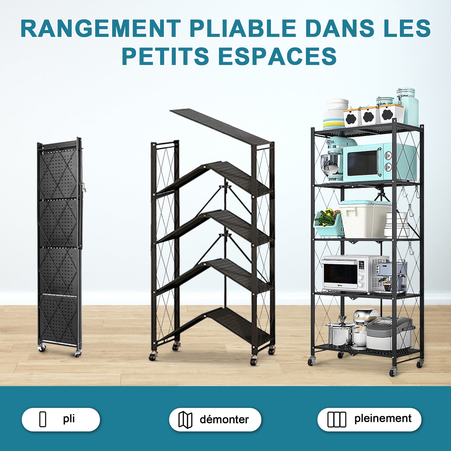 HomeMiYN Étagère de Rangement Pliable 3 à  4 Niveaux，Étagère de rangement multifonctionnel,Étagère à roulettes,71*34*159cm,Noir