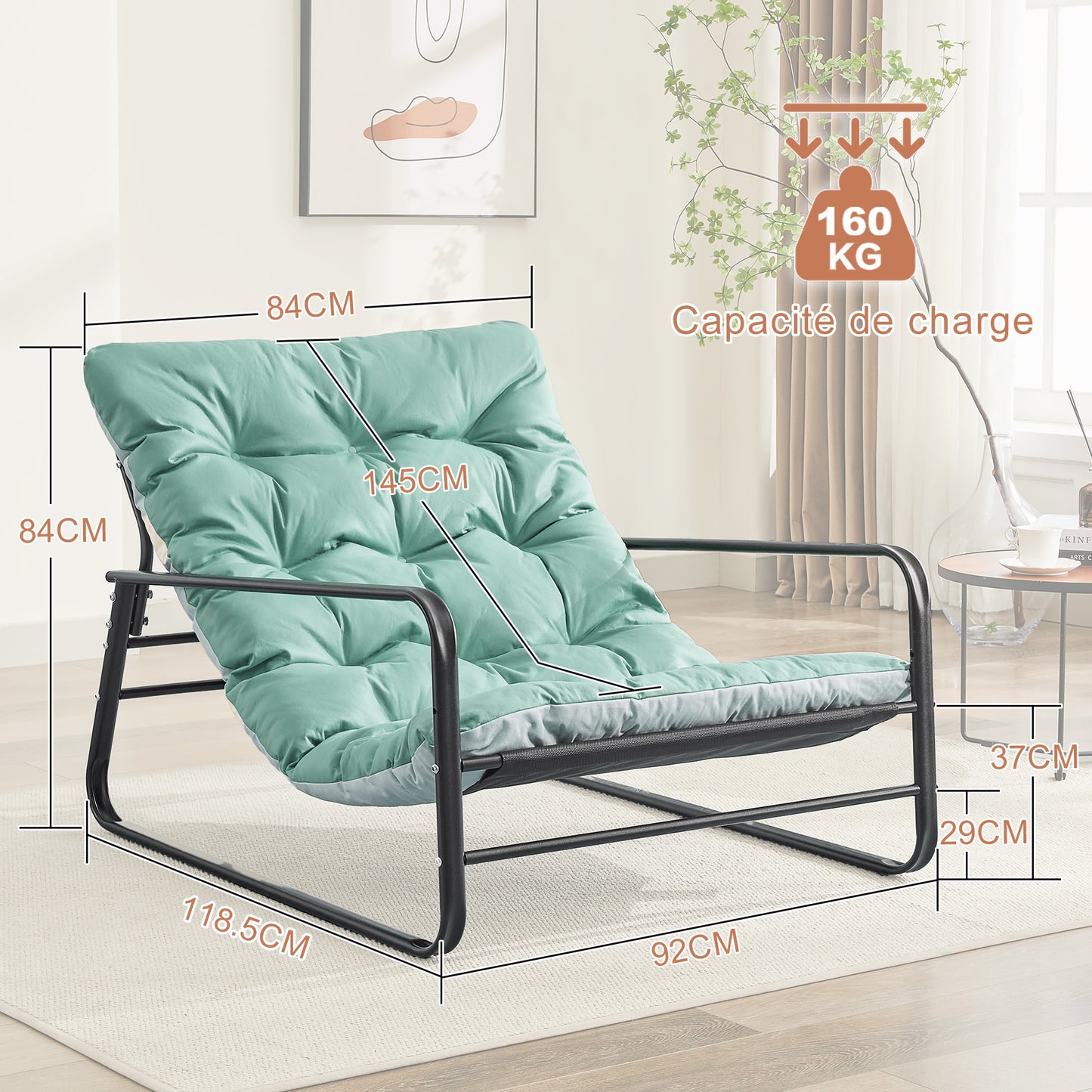 Fauteuil de salon, fauteuil relax, transat de jardin avec coussin réversible, chaise longue de balcon en acier, chaise rembourrée pour 2 personnes, fauteuil de jardin, transat d'extérieur, meuble de balcon, terrasse (bleu + gris)