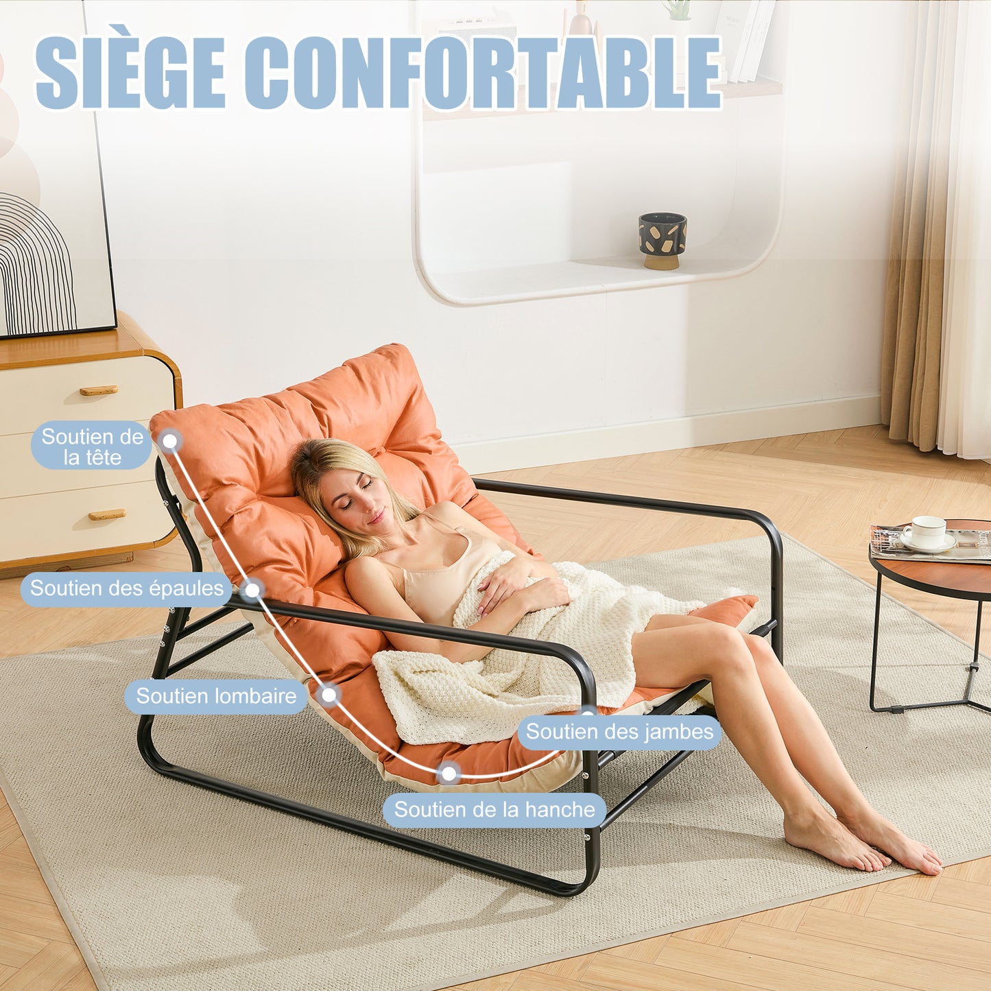 Chaise Longue de Jardin Orange - Fauteuil Zéro Gravité en Acier - Coussin Réversible - Confort Ergonomique Maximal