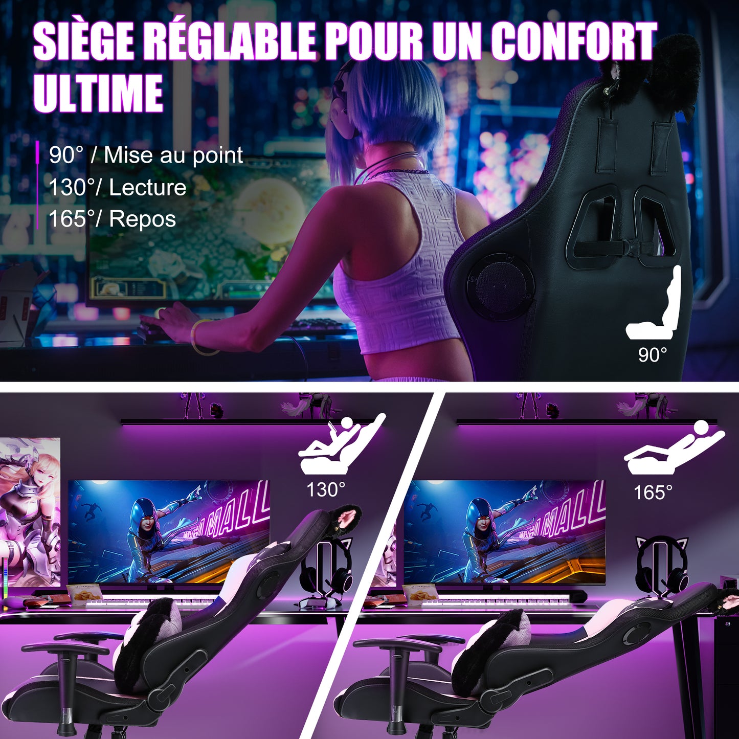 Chaise de jeu avec haut-parleurs, vidéo et lumière RGB, chaise ergonomique de course, fauteuil inclinable en cuir PU, chaise d'ordinateur pivotante pour e-sport avec appui-tête, accoudoirs, support lombaire (repose-pieds, LED, haut-parleurs, rose)