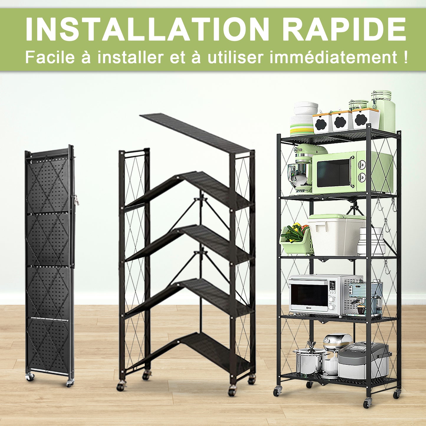 Étagère Pliable 5 Niveaux HomeMiYN - Rangement Mobile avec Roulettes 360° - 71x34x159 cm - Noir (Capacité 250kg)