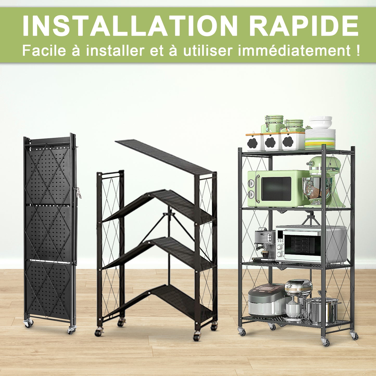 Étagère Pliable 4 Niveaux HomeMiYN - Rangement Mobile avec Roulettes 360° - 71x34x121 cm - Noir