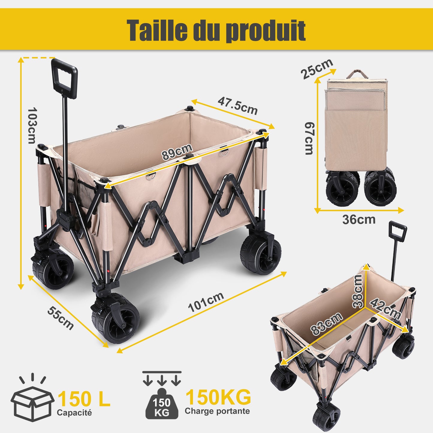 Carro de transporte plegable con frenos, carro de jardín de 150 kg con neumáticos desmontables, vehículo todoterreno, carro de camping, marrón claro