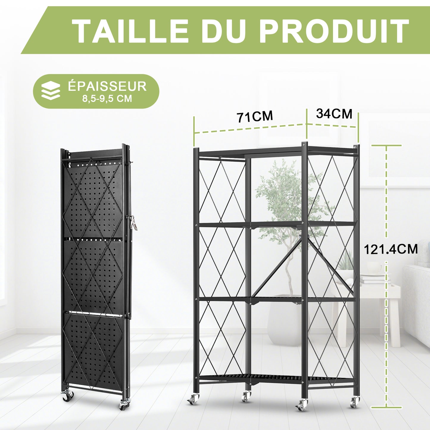 Étagère Pliable 4 Niveaux HomeMiYN - Rangement Mobile avec Roulettes 360° - 71x34x121 cm - Noir