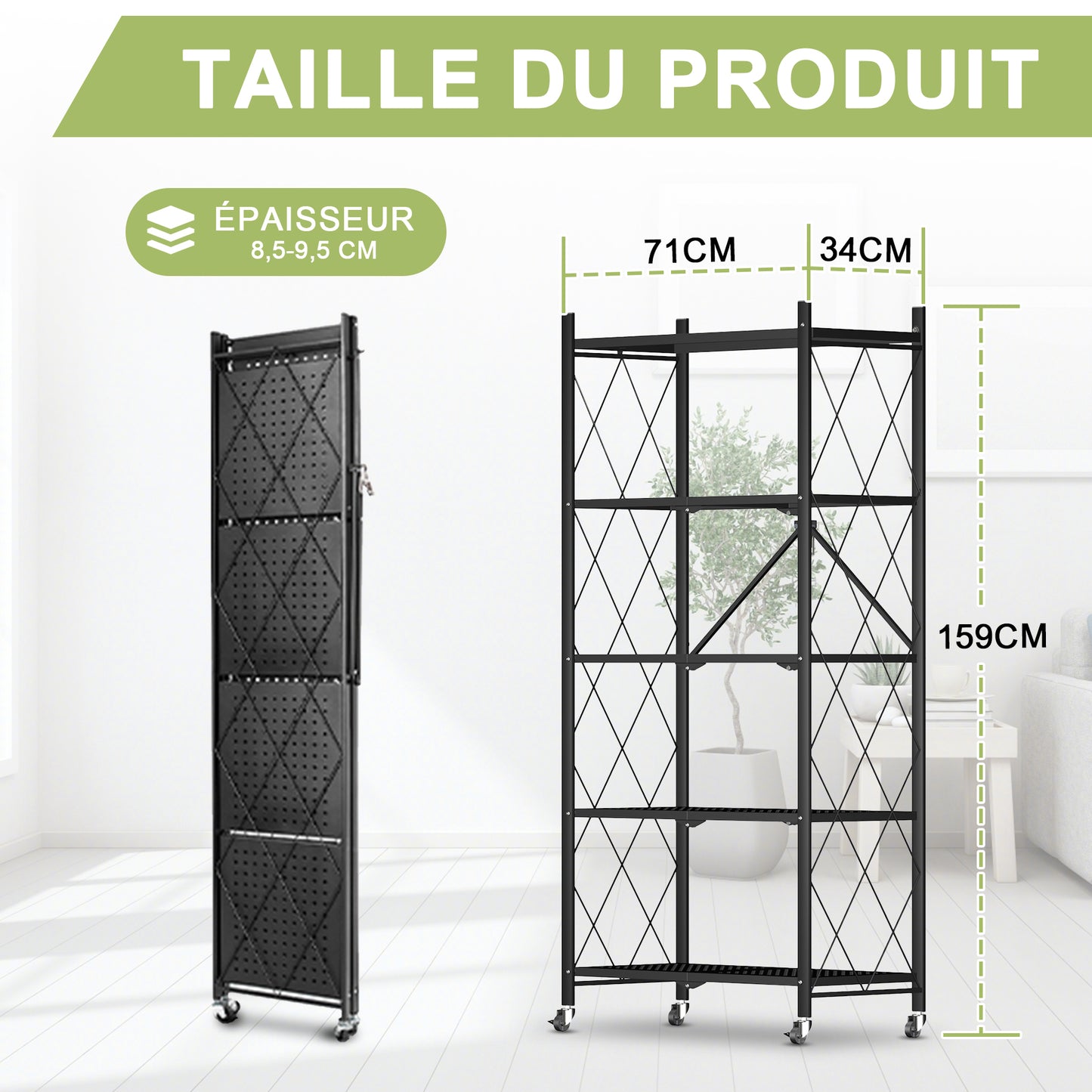 Étagère Pliable 5 Niveaux HomeMiYN - Rangement Mobile avec Roulettes 360° - 71x34x159 cm - Noir (Capacité 250kg)