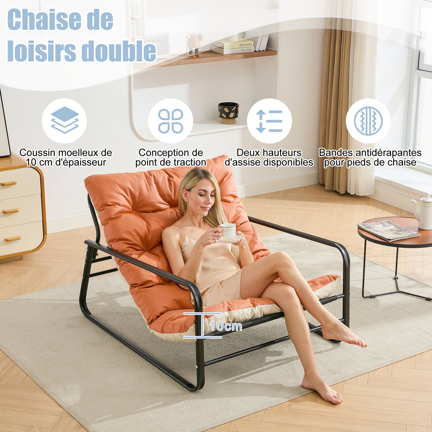 Canapé de salon, fauteuil relax, transat de jardin avec coussin réversible, chaise longue de balcon en acier, siège rembourré pour 2 personnes, fauteuil de jardin, transat d'extérieur, meuble de balcon, mobilier de terrasse (Orange+Beige)
