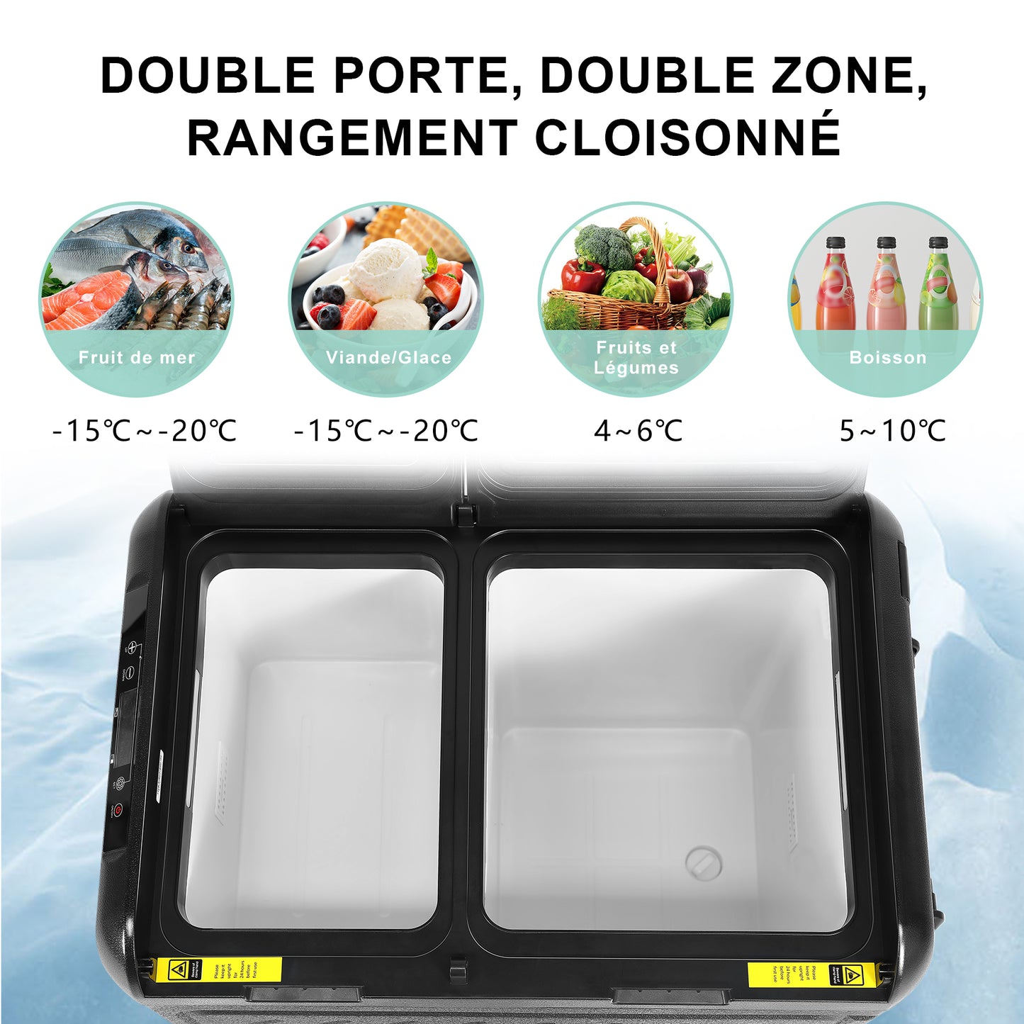 Réfrigérateur de voiture HOMEMiYN 12 V, réfrigérateur de voiture à double zone de 45 litres, congélateur portable (-8 ℉ ~ 68 ℉) avec 12/24 V DC 100/240 V AC, glacière électrique à contrôle APP pour voiture, camping-car, camping, voyage et usage domestique