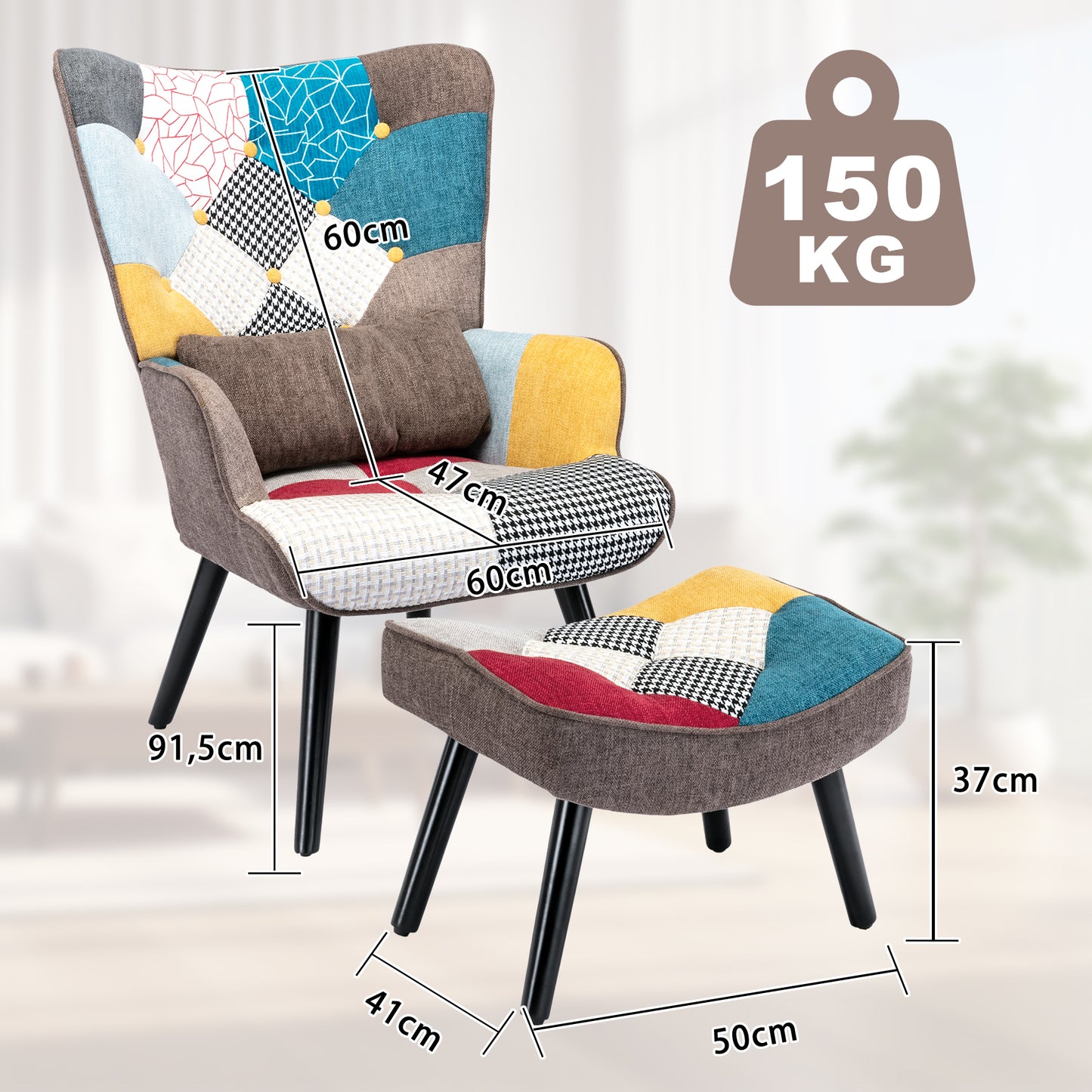 Fauteuil à oreilles fauteuil de relaxation avec tabouret fauteuil patchwork fauteuil à oreilles fauteuil salon