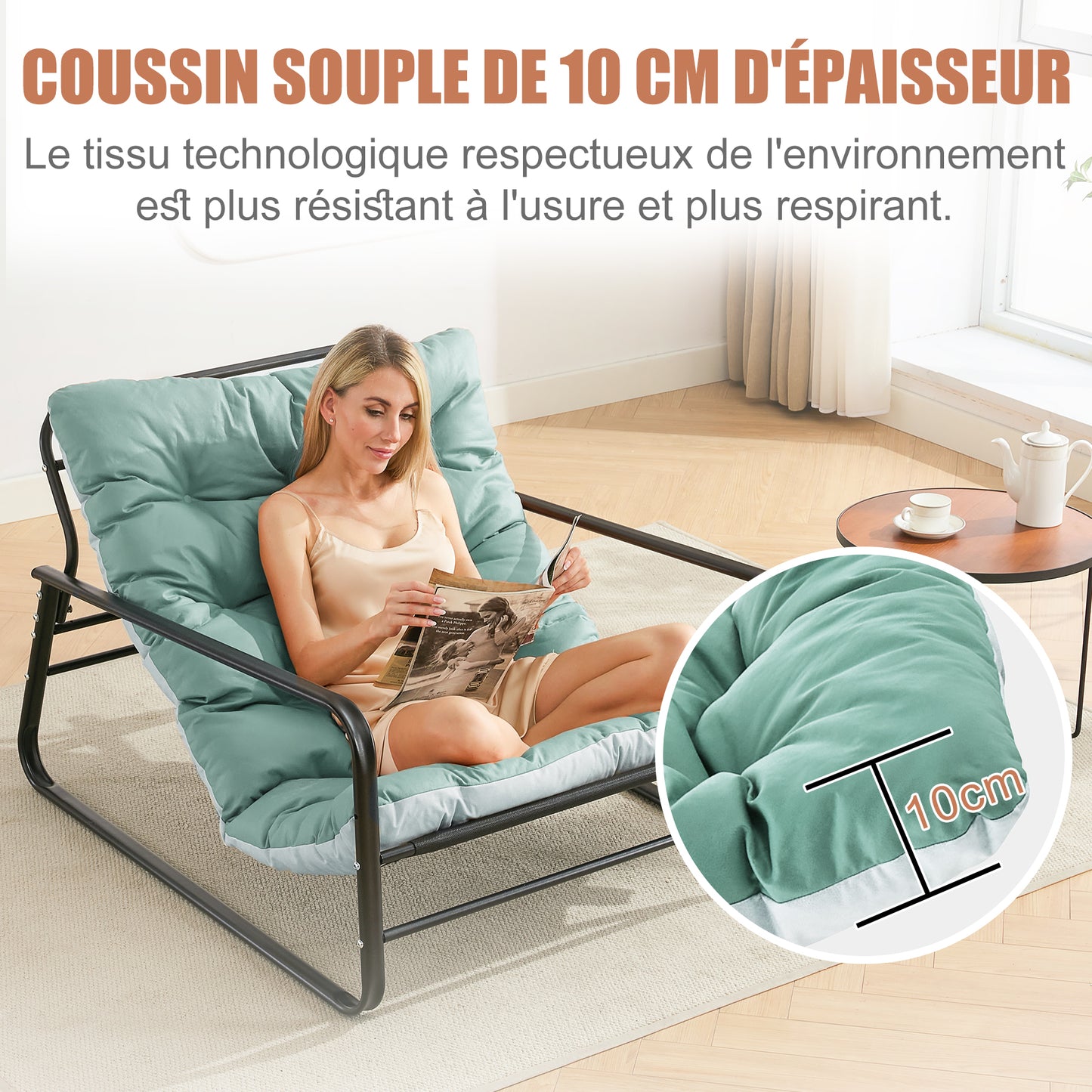 Fauteuil de salon, fauteuil relax, transat de jardin avec coussin réversible, chaise longue de balcon en acier, chaise rembourrée pour 2 personnes, fauteuil de jardin, transat d'extérieur, meuble de balcon, terrasse (bleu + gris)
