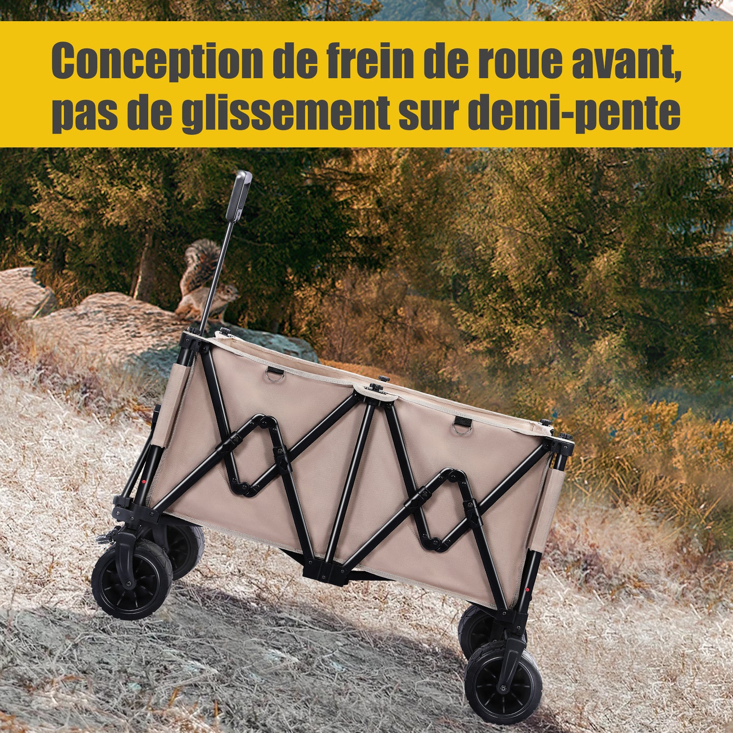 Carro de transporte plegable con frenos, carro de jardín de 150 kg con neumáticos desmontables, vehículo todoterreno, carro de camping, marrón claro