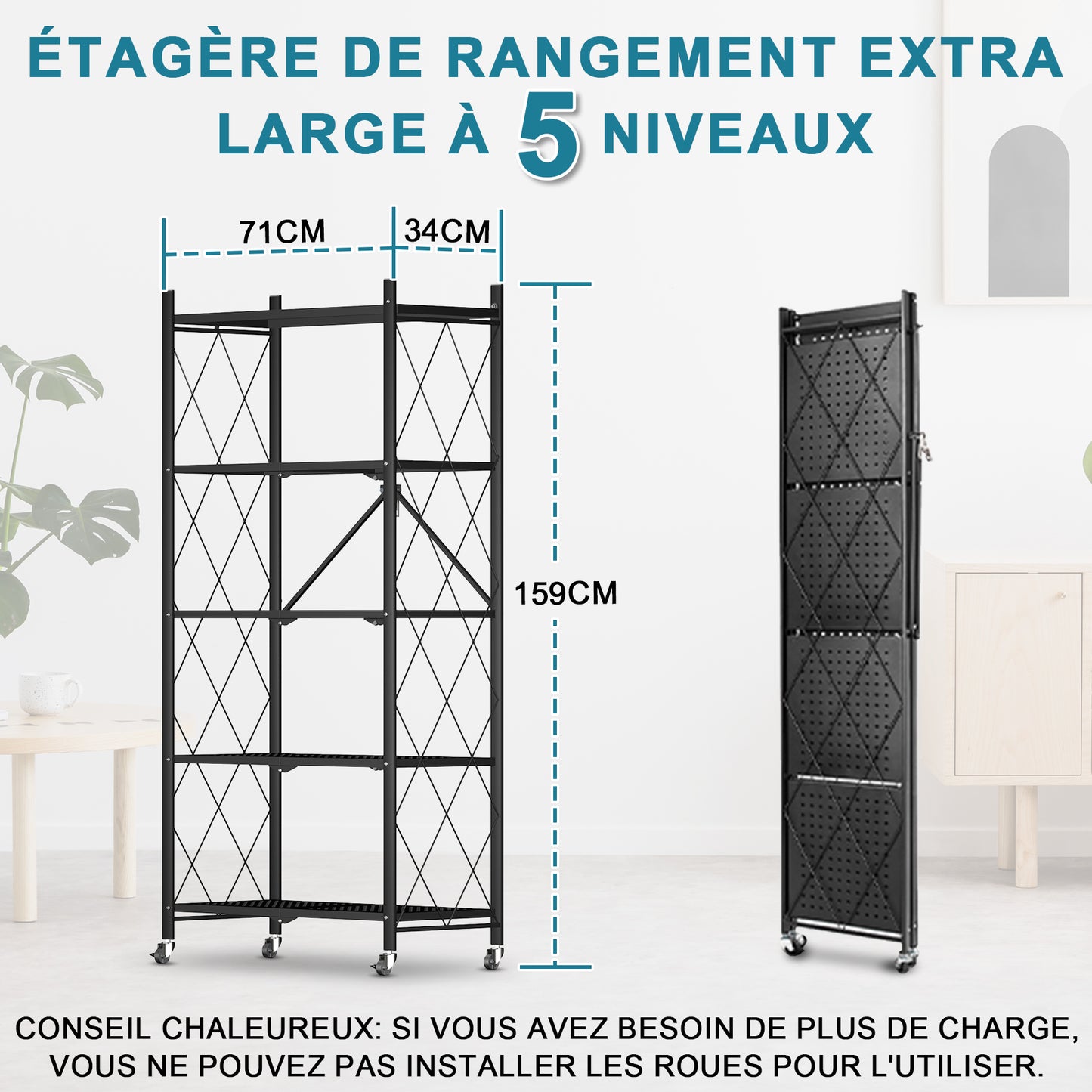 HomeMiYN Étagère de Rangement Pliable 3 à  4 Niveaux，Étagère de rangement multifonctionnel,Étagère à roulettes,71*34*159cm,Noir