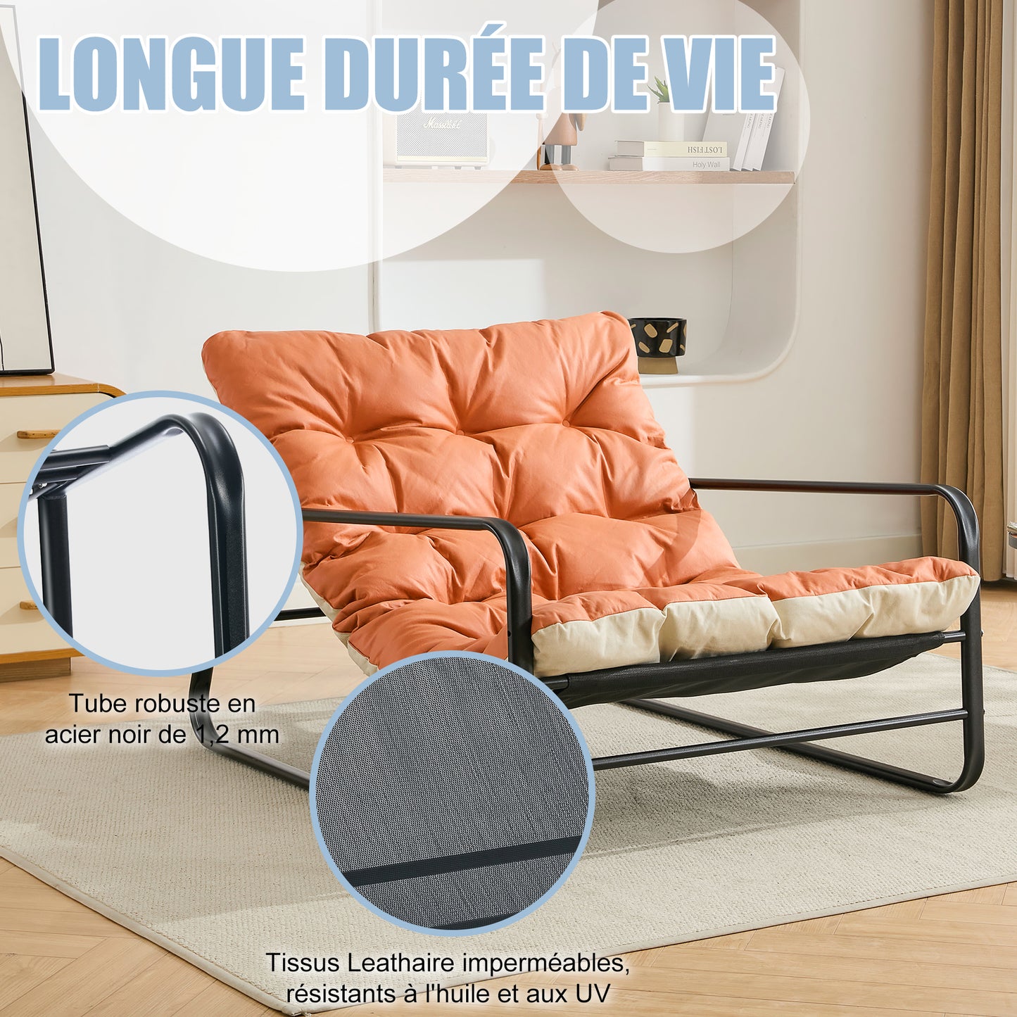 Chaise Longue de Jardin Orange - Fauteuil Zéro Gravité en Acier - Coussin Réversible - Confort Ergonomique Maximal