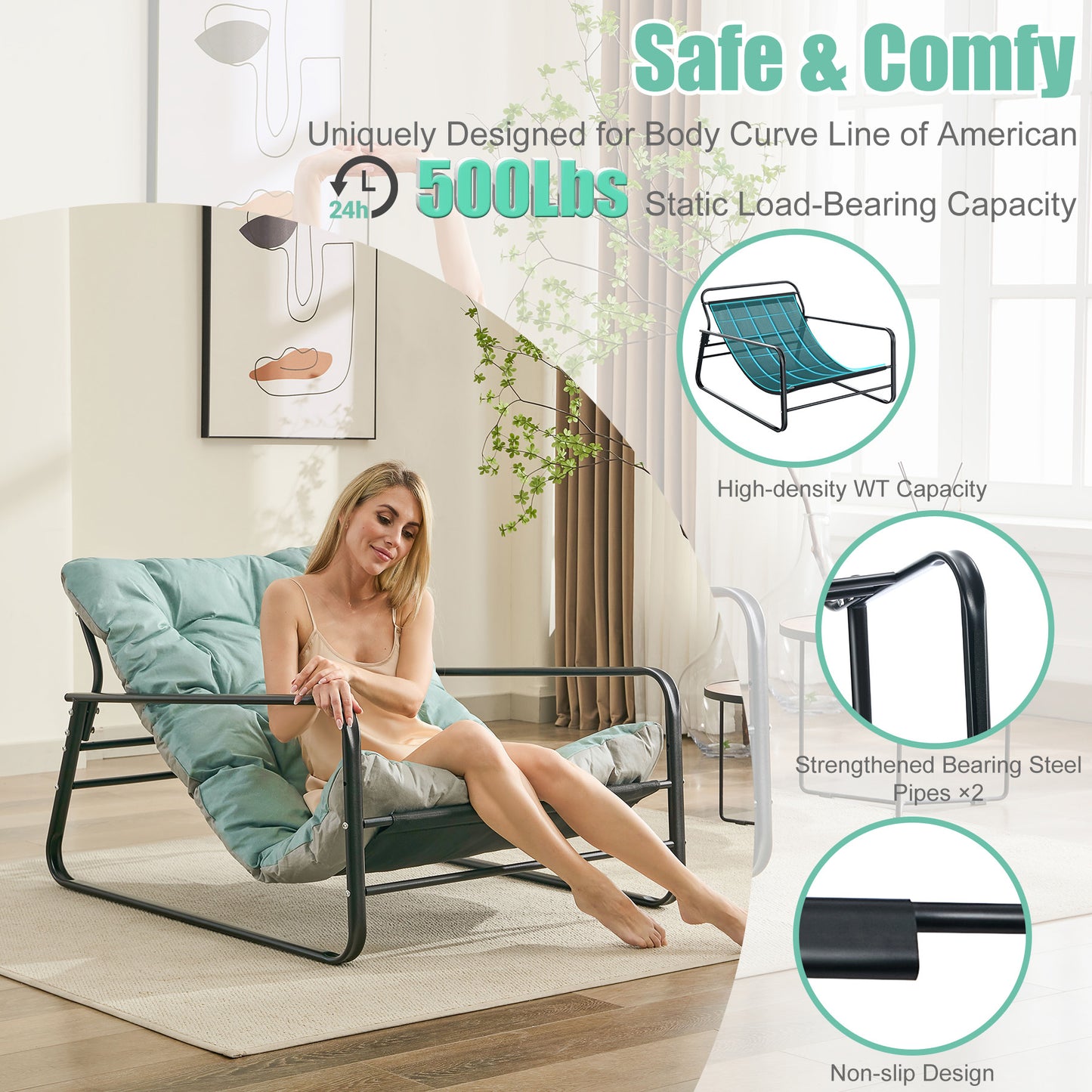 Lounge Armchair, Recliner Chair, Reversible Cushion Garden Sun Lounger, Steel Balcony Daybed, Padded 2-Seater Sofa Chair, Outdoor Garden Chair, Patio Sunbed, Balcony Furniture Set (Blue + Grey)