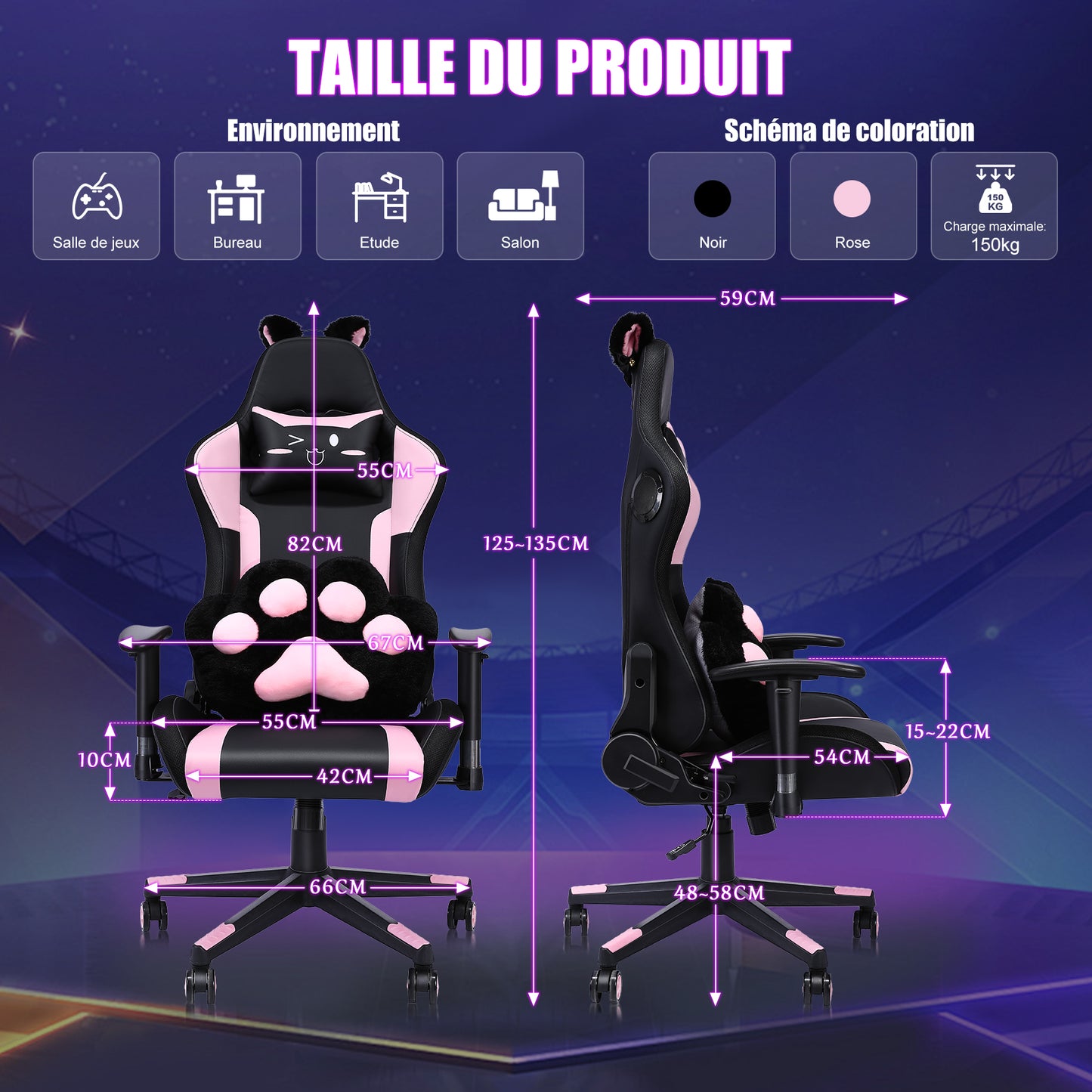 Chaise de jeu avec haut-parleurs, vidéo et lumière RGB, chaise ergonomique de course, fauteuil inclinable en cuir PU, chaise d'ordinateur pivotante pour e-sport avec appui-tête, accoudoirs, support lombaire (repose-pieds, LED, haut-parleurs, rose)