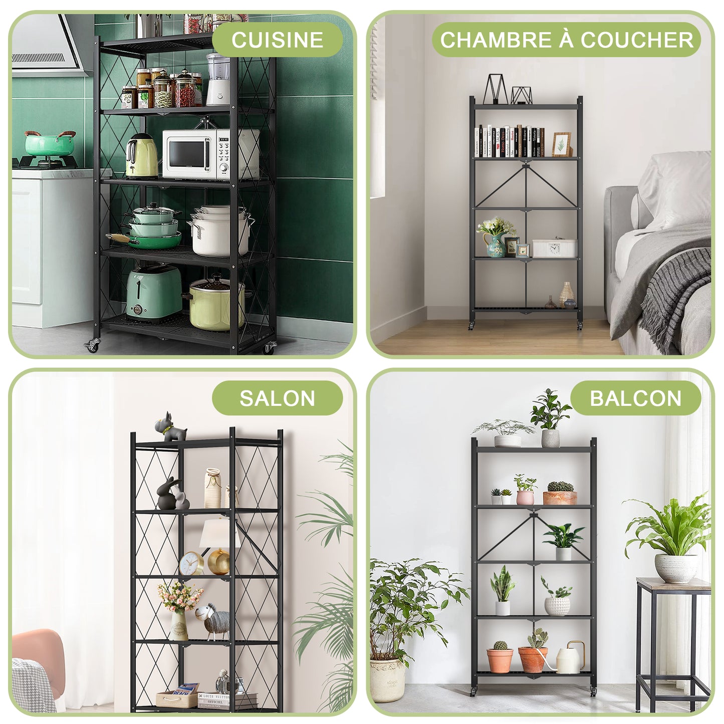 Étagère Pliable 5 Niveaux HomeMiYN - Rangement Mobile avec Roulettes 360° - 71x34x159 cm - Noir (Capacité 250kg)