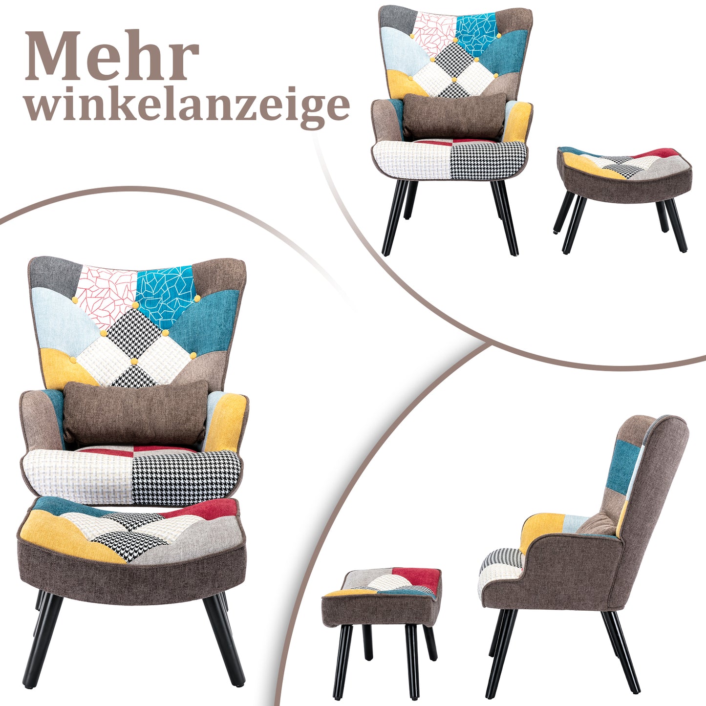Fauteuil à oreilles fauteuil de relaxation avec tabouret fauteuil patchwork fauteuil à oreilles fauteuil salon