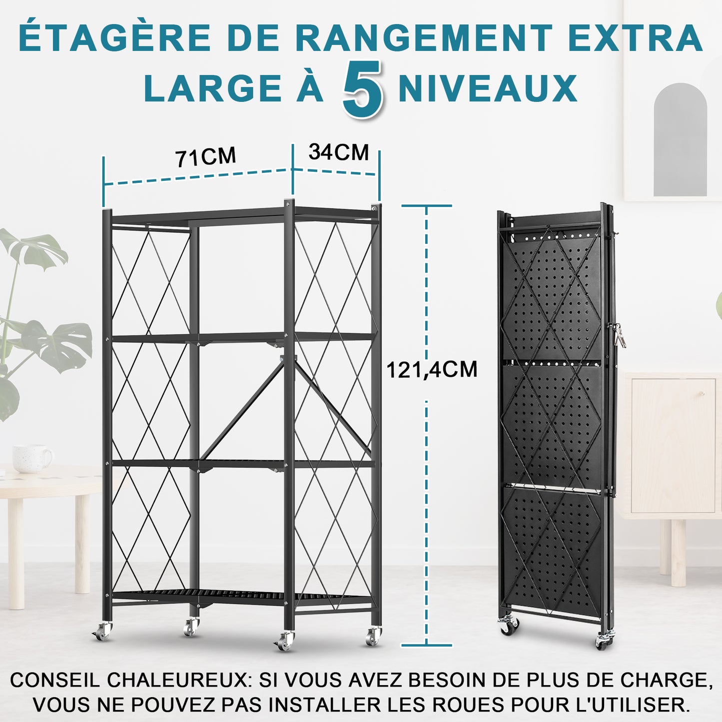 HomeMiYN Étagères pliables avec roues 3 niveaux 4 niveaux Étagères pour charges lourdes Étagères debout Étagères pliables pour cuisine