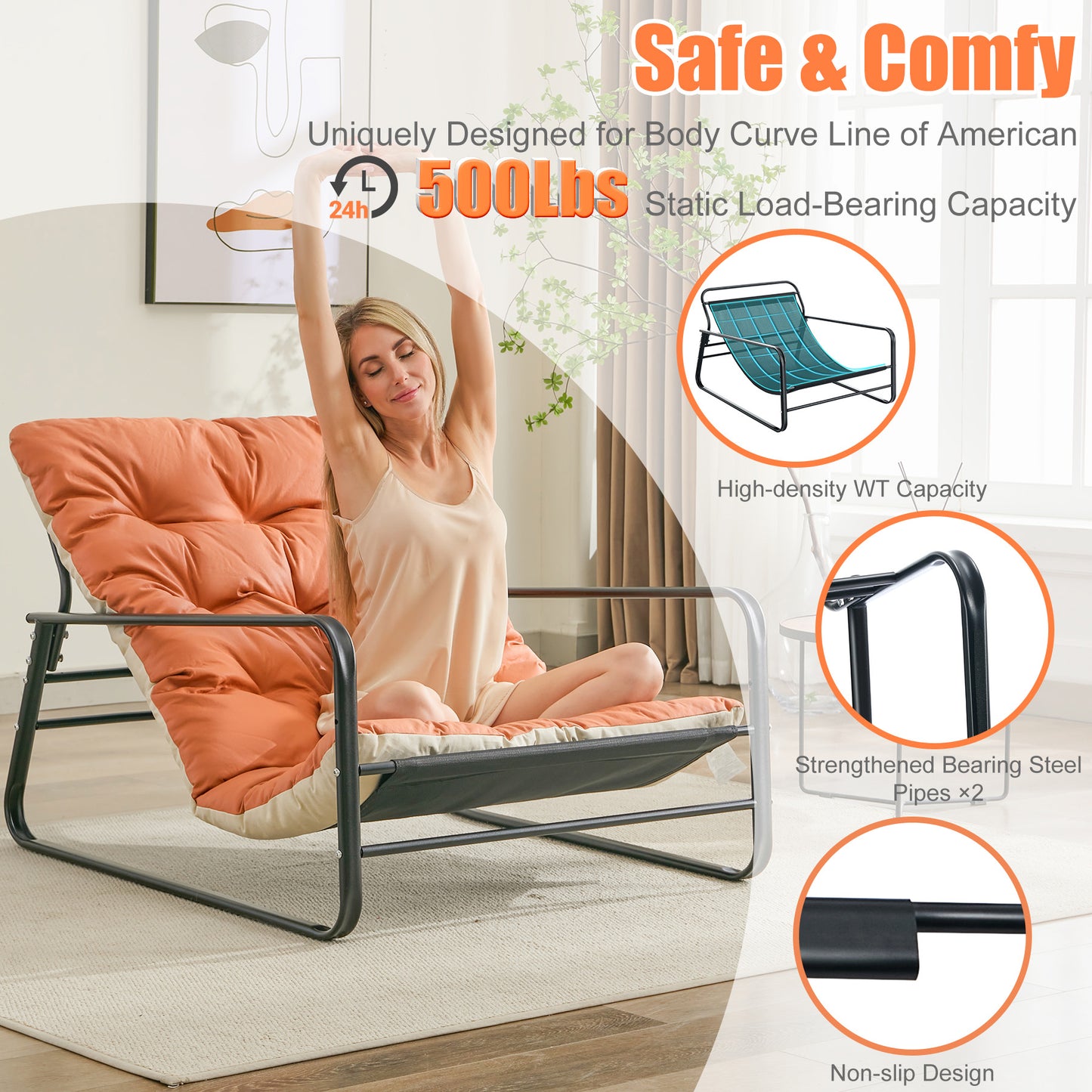 Reclining Patio Lounge Chair - 2-Person Steel Outdoor Loveseat with Reversible Cushion (Orange/Beige) - Garden, Balcony, Terrace Furniture
