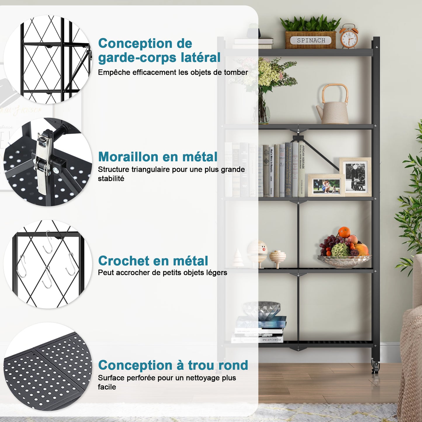 HomeMiYN Étagère de Rangement Pliable 3 à  4 Niveaux，Étagère de rangement multifonctionnel,Étagère à roulettes,71*34*159cm,Noir