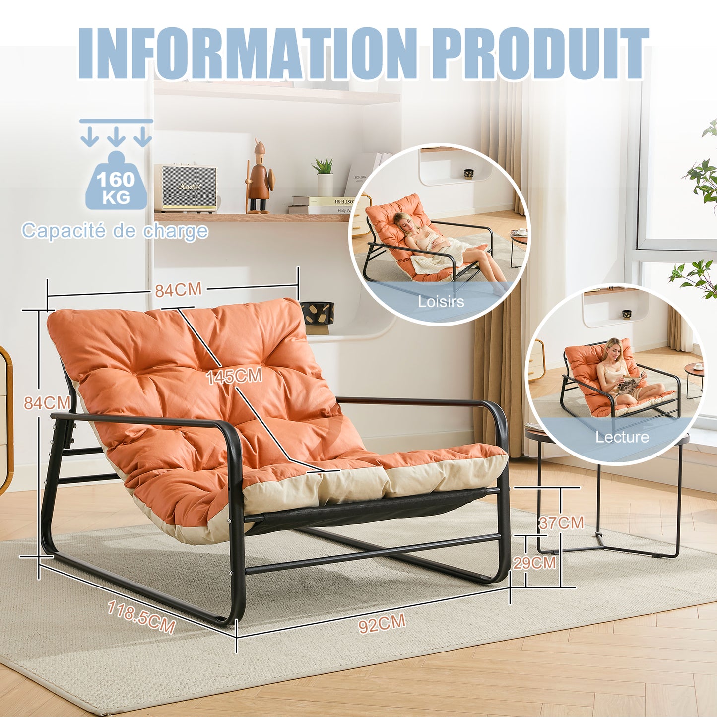 Chaise Longue de Jardin Orange - Fauteuil Zéro Gravité en Acier - Coussin Réversible - Confort Ergonomique Maximal