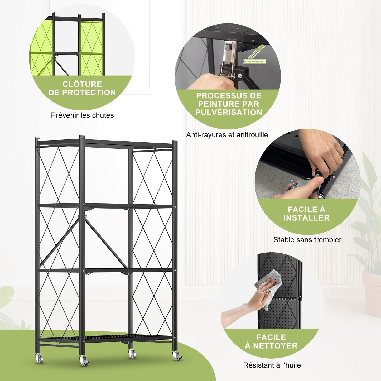 Étagère Pliable 4 Niveaux HomeMiYN - Rangement Mobile avec Roulettes 360° - 71x34x121 cm - Noir