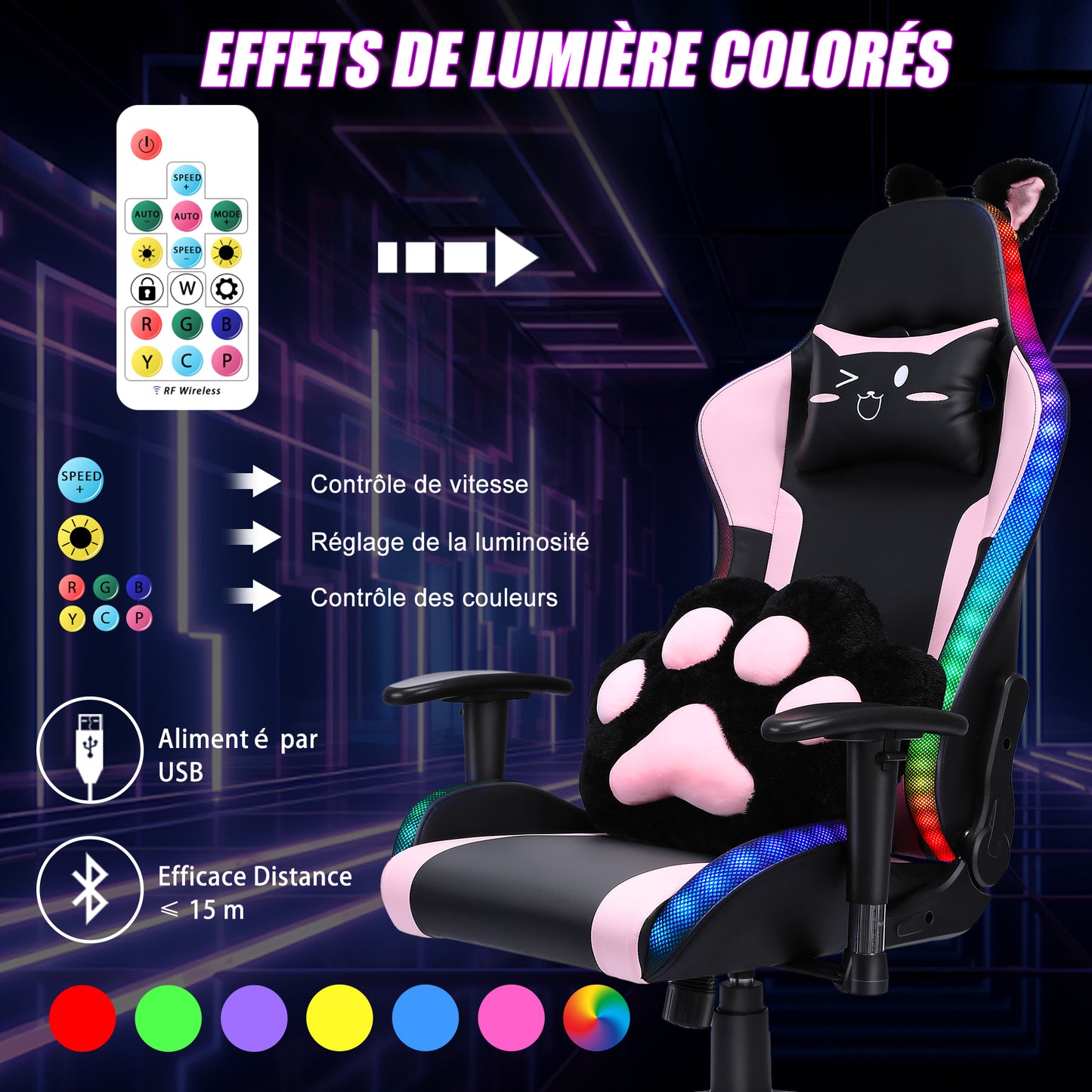 Chaise de jeu avec haut-parleurs, vidéo et lumière RGB, chaise ergonomique de course, fauteuil inclinable en cuir PU, chaise d'ordinateur pivotante pour e-sport avec appui-tête, accoudoirs, support lombaire (repose-pieds, LED, haut-parleurs, rose)