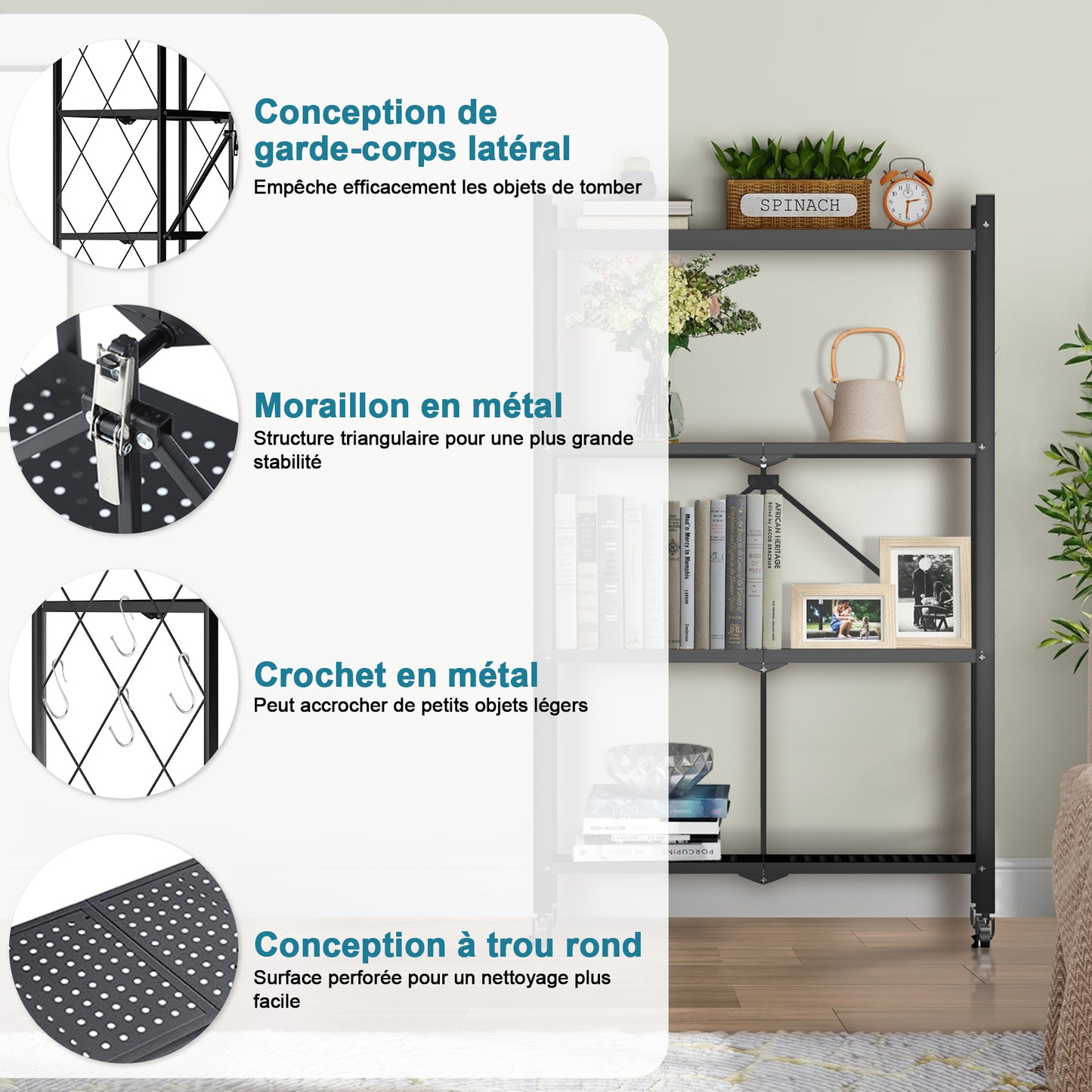 HomeMiYN Étagères pliables avec roues 3 niveaux 4 niveaux Étagères pour charges lourdes Étagères debout Étagères pliables pour cuisine