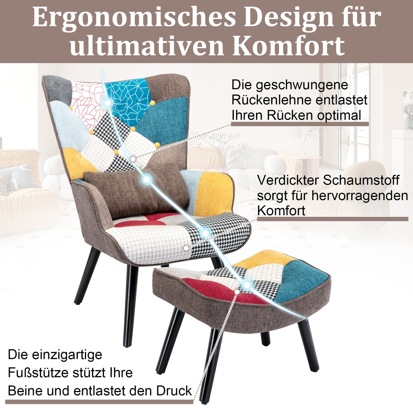 Fauteuil à oreilles fauteuil de relaxation avec tabouret fauteuil patchwork fauteuil à oreilles fauteuil salon