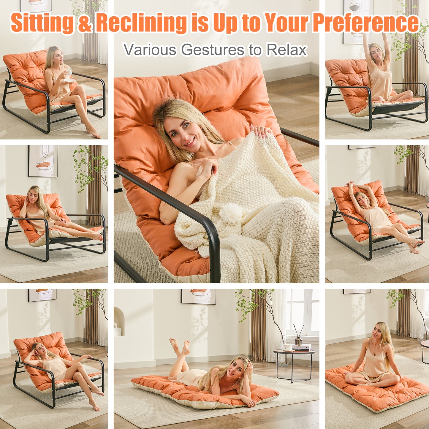 Reclining Patio Lounge Chair - 2-Person Steel Outdoor Loveseat with Reversible Cushion (Orange/Beige) - Garden, Balcony, Terrace Furniture