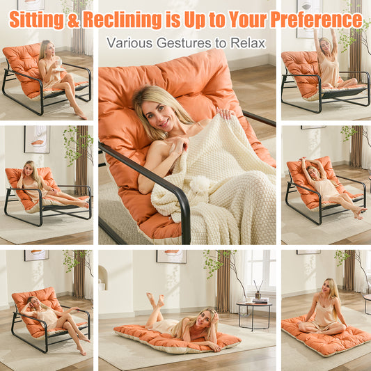 Reclining Patio Lounge Chair - 2-Person Steel Outdoor Loveseat with Reversible Cushion (Orange/Beige) - Garden, Balcony, Terrace Furniture