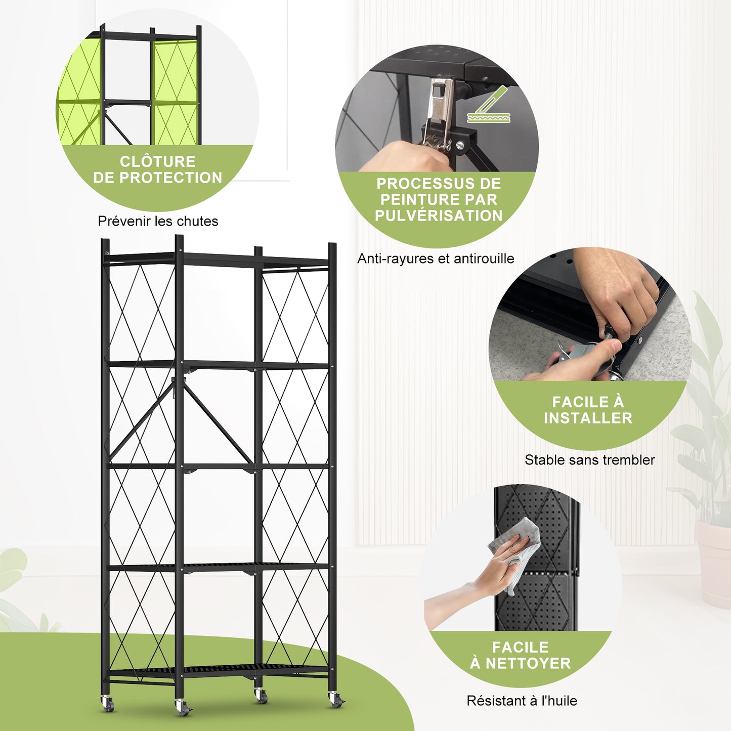Étagère Pliable 5 Niveaux HomeMiYN - Rangement Mobile avec Roulettes 360° - 71x34x159 cm - Noir (Capacité 250kg)
