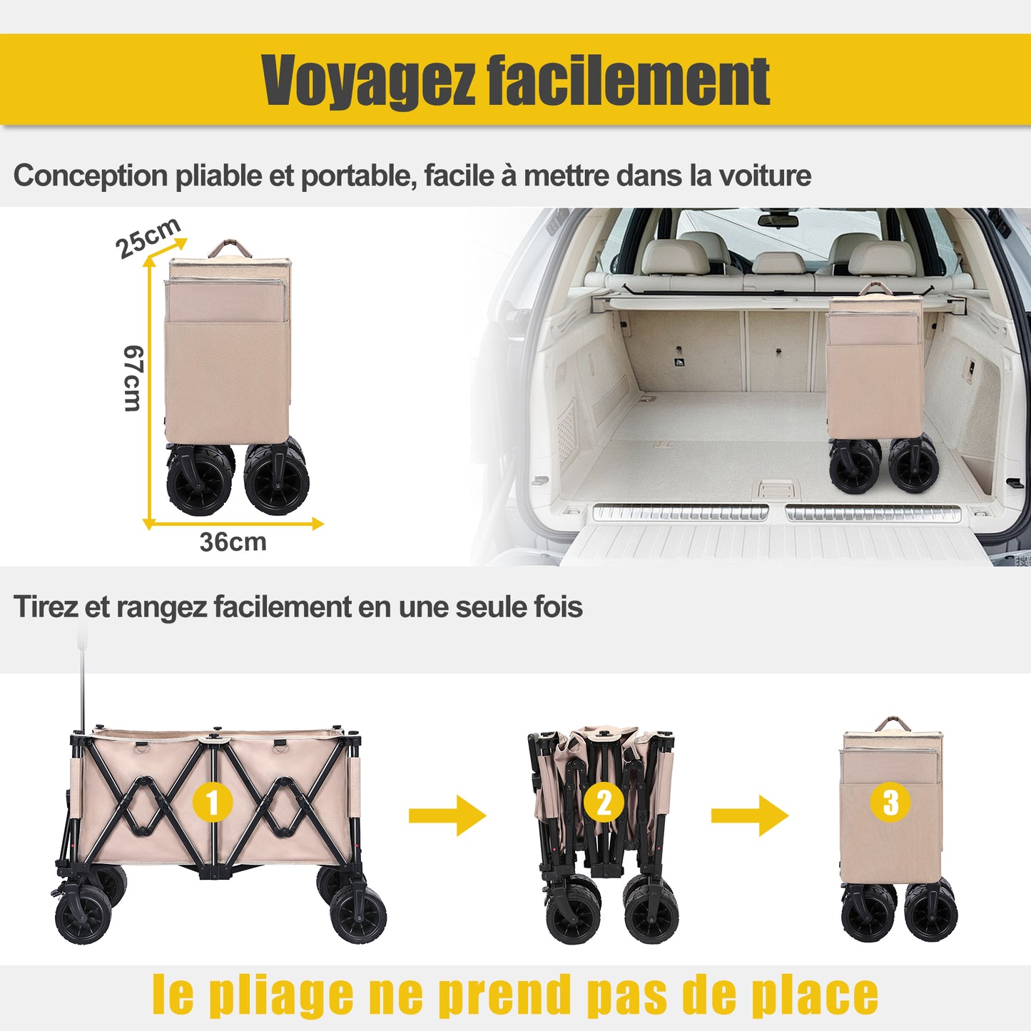 Carro de transporte plegable con frenos, carro de jardín de 150 kg con neumáticos desmontables, vehículo todoterreno, carro de camping, marrón claro