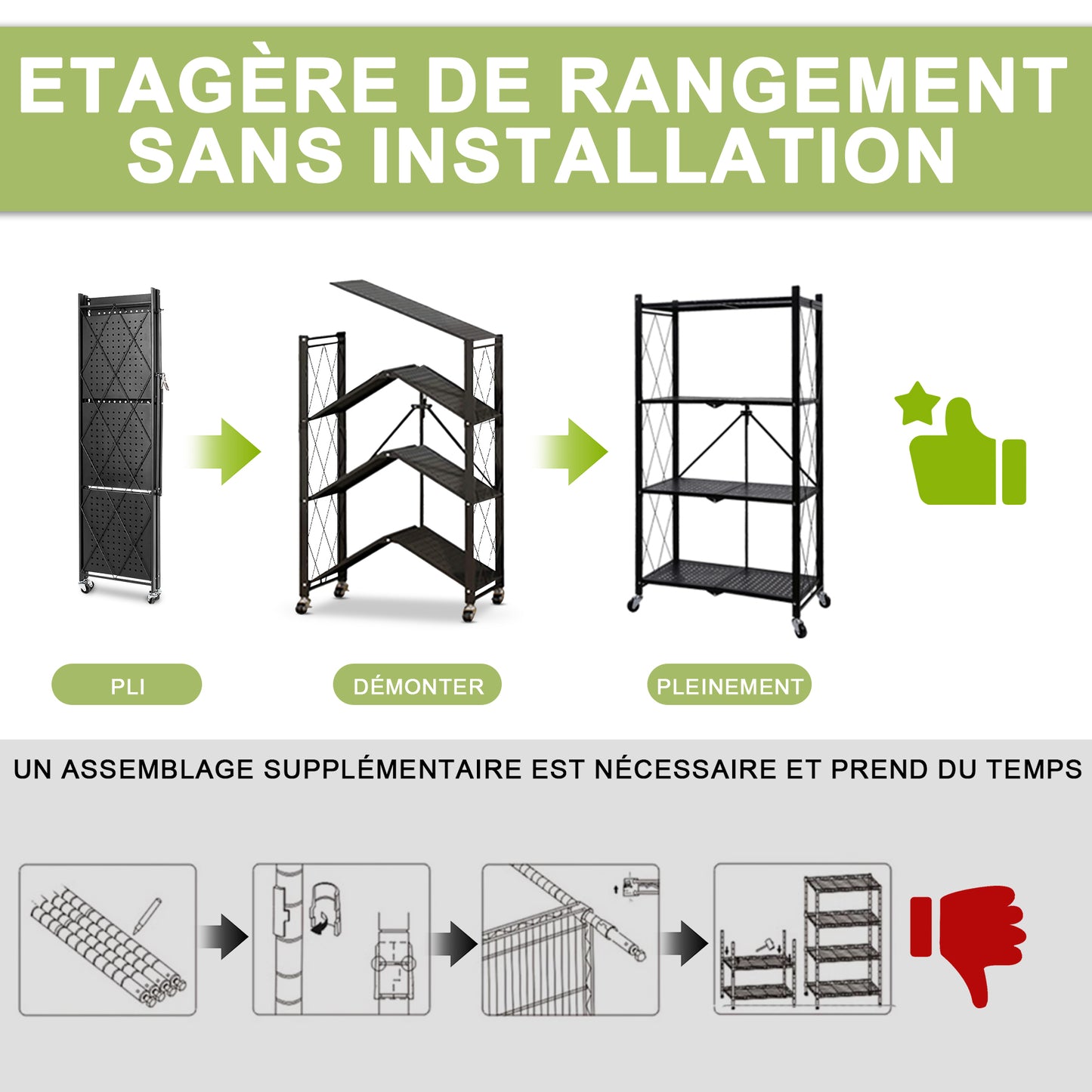 Étagère Pliable 4 Niveaux HomeMiYN - Rangement Mobile avec Roulettes 360° - 71x34x121 cm - Noir